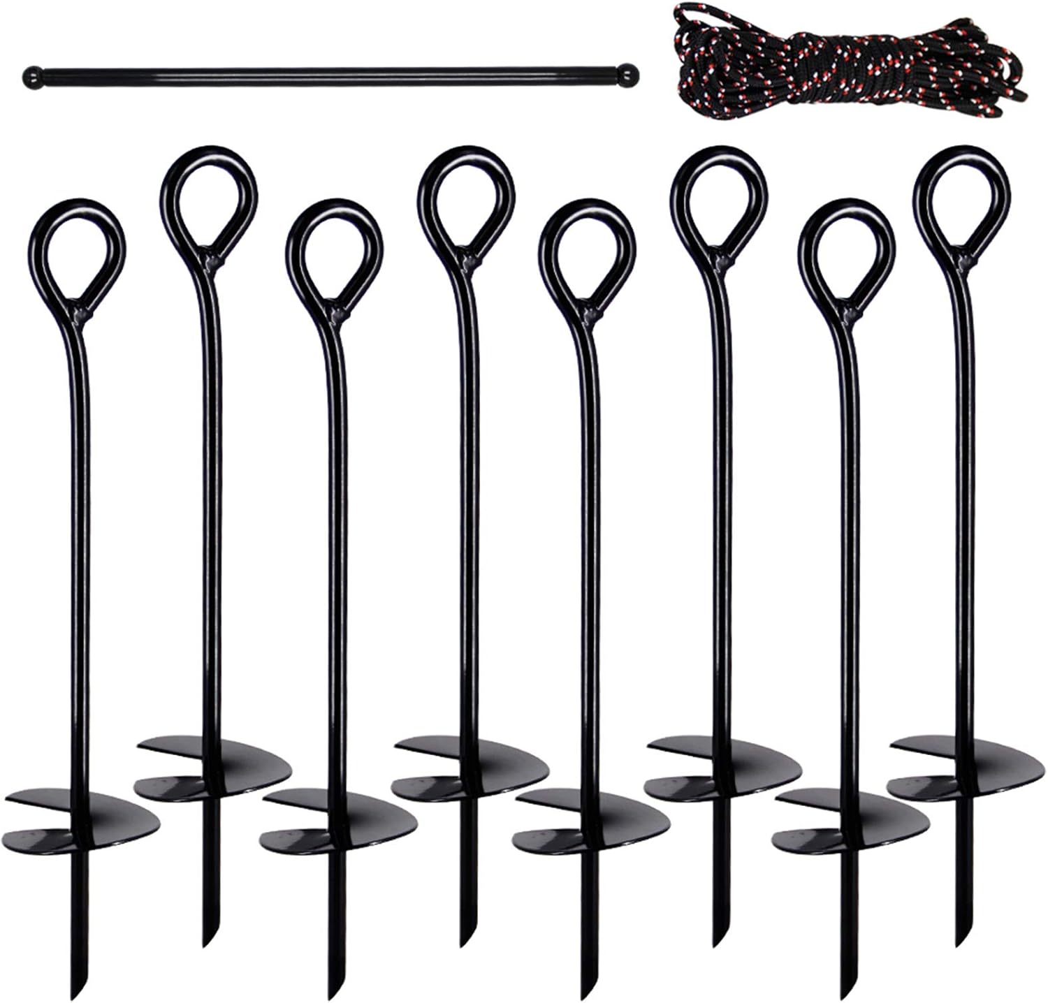 Zcaukya 8 Pcs Ground Anchor with a 25-Feet-Long Rope, Black Metal Anchors 15 Inches Long 1/4 inch in Diameter (Black) : Industrial & Scientific