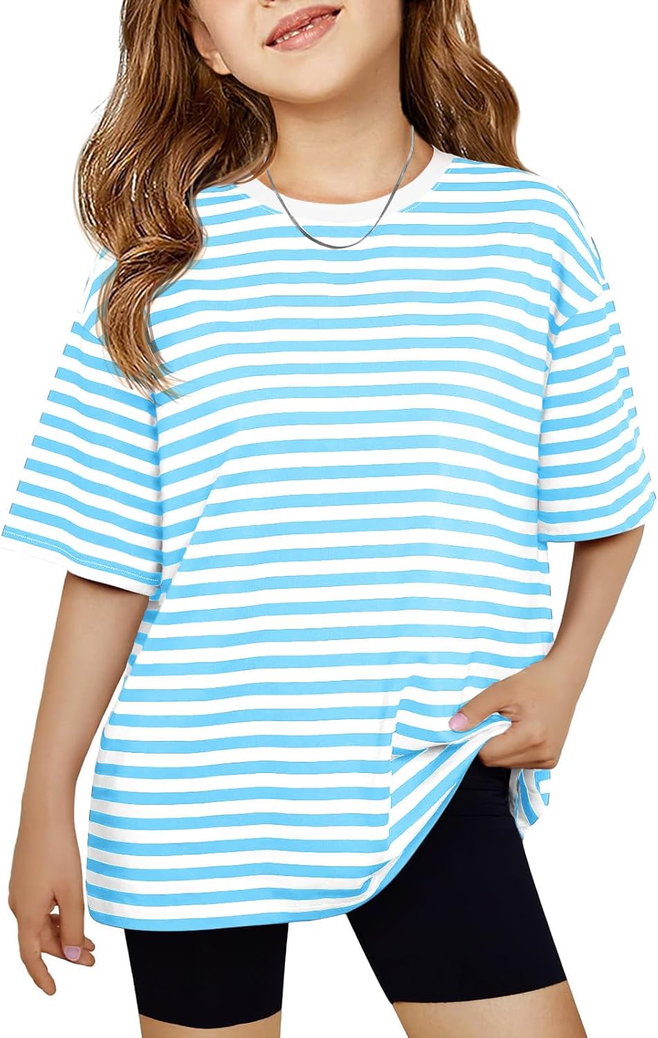 Haloumoning Girls Striped Short Sleeve T Shirts Kids Summer Oversized Tops Casual Crewneck Tees 5-14 Years