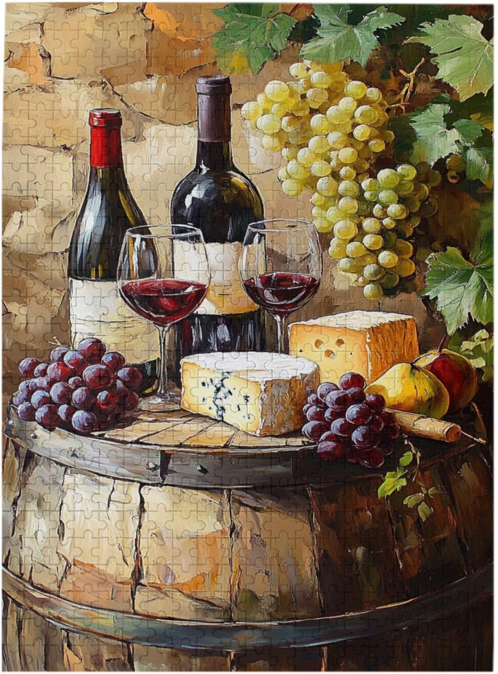 Wooden Jigsaw Puzzles for Adults 500 Pieces, Wine and Cheese On Old Barrels,Vintage Classic Aesthetics,Party Events to Bring People Closer Together,Exercising Hands-On Skills
