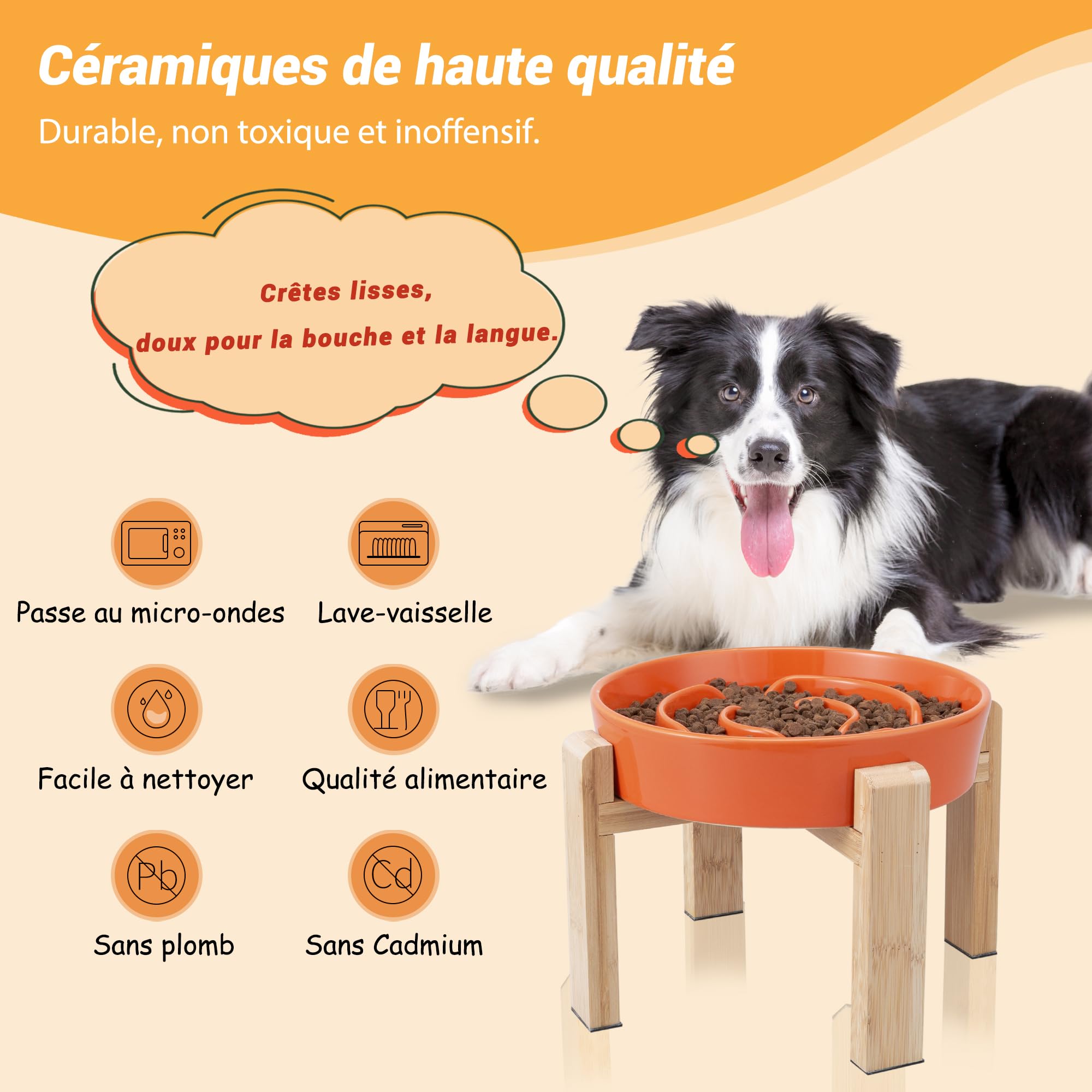 Gamelle Anti-Glouton Surélevée pour Chien - Bol en Céramique avec Support en Bambou - Idéale pour Chiens Moyens et Grands - Orange - 22,5 cm