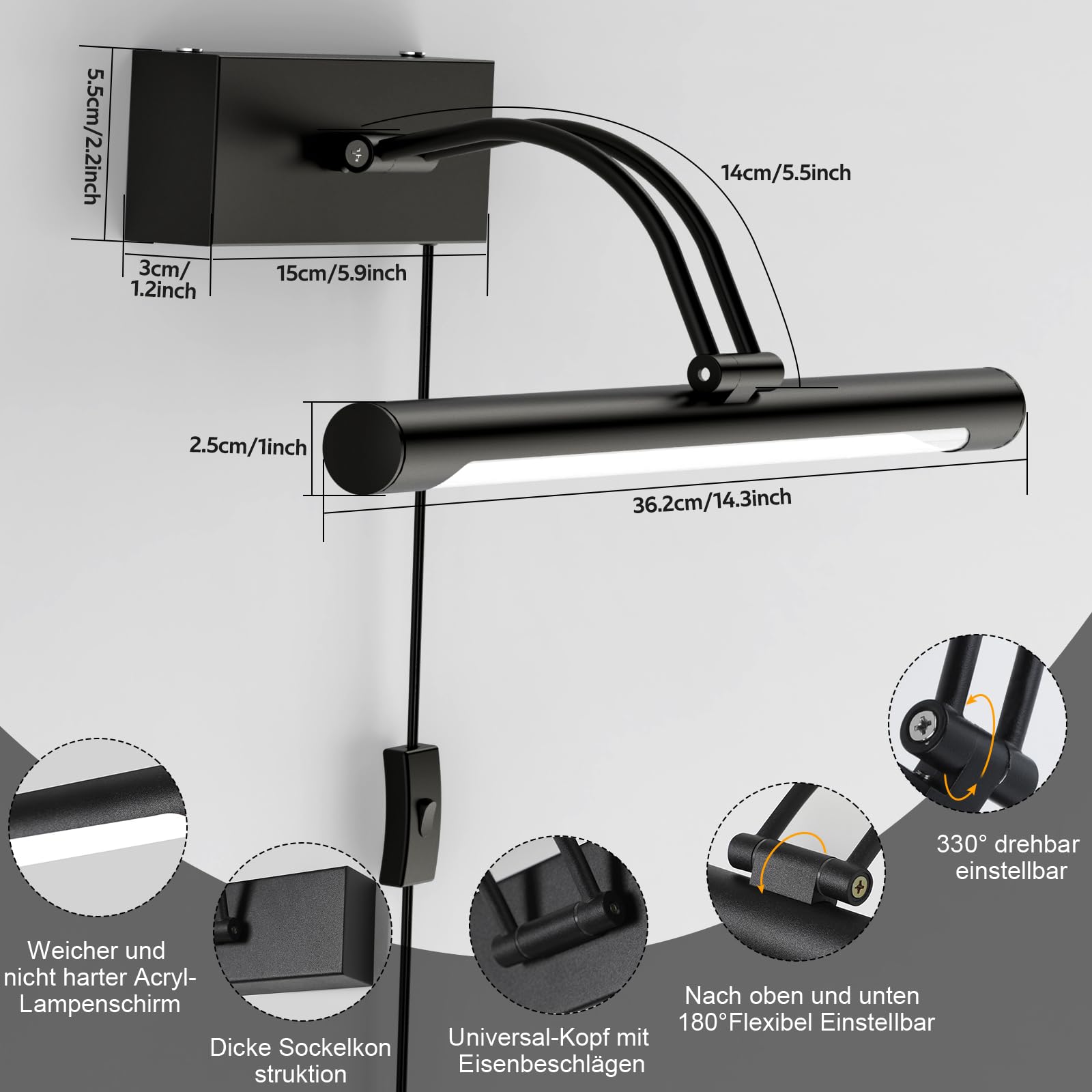 LABOREDUCER Câble d'éclairage pour tableau de 36 cm avec Plug in, 4000 K, éclairage rotatif, éclairage de cadre photo, pour peinture, photo, fléchettes, miroir, noir