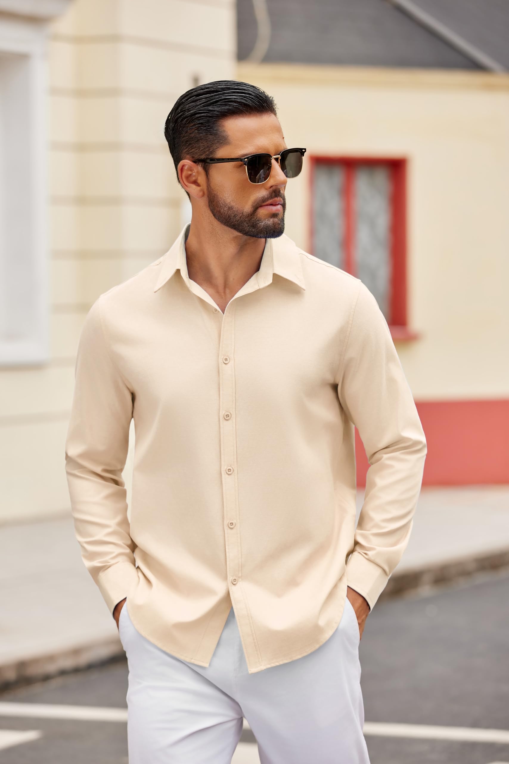 COOFANDY Camicia da Uomo in Cotone a Maniche Lunghe vestibilità Regolare Button-Down Formale Casual da Lavoro