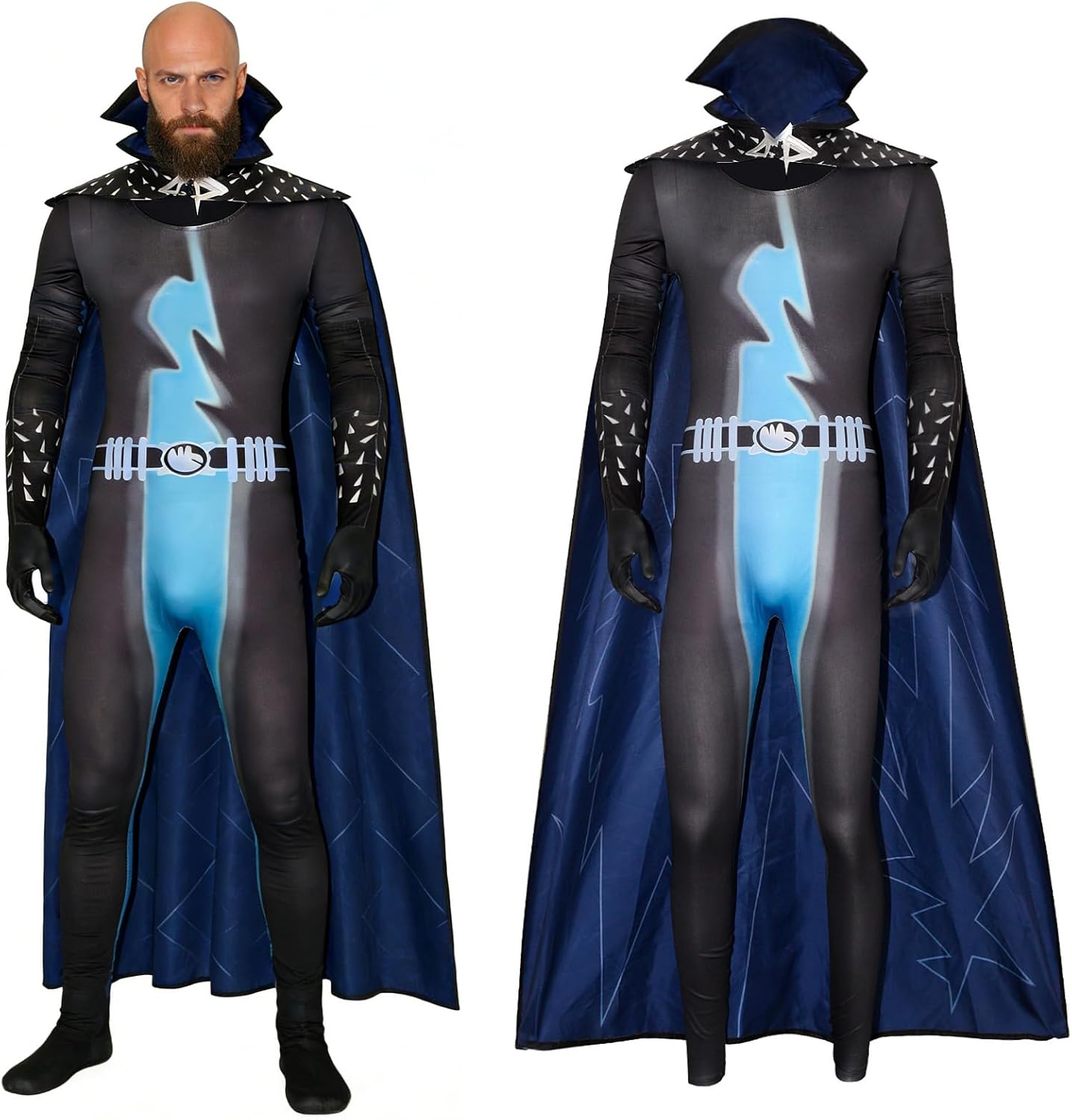Archvillain Costume Bodysuit Men Full Body Jumpsuit with Cape Halloween Cosplay Romper Outfits