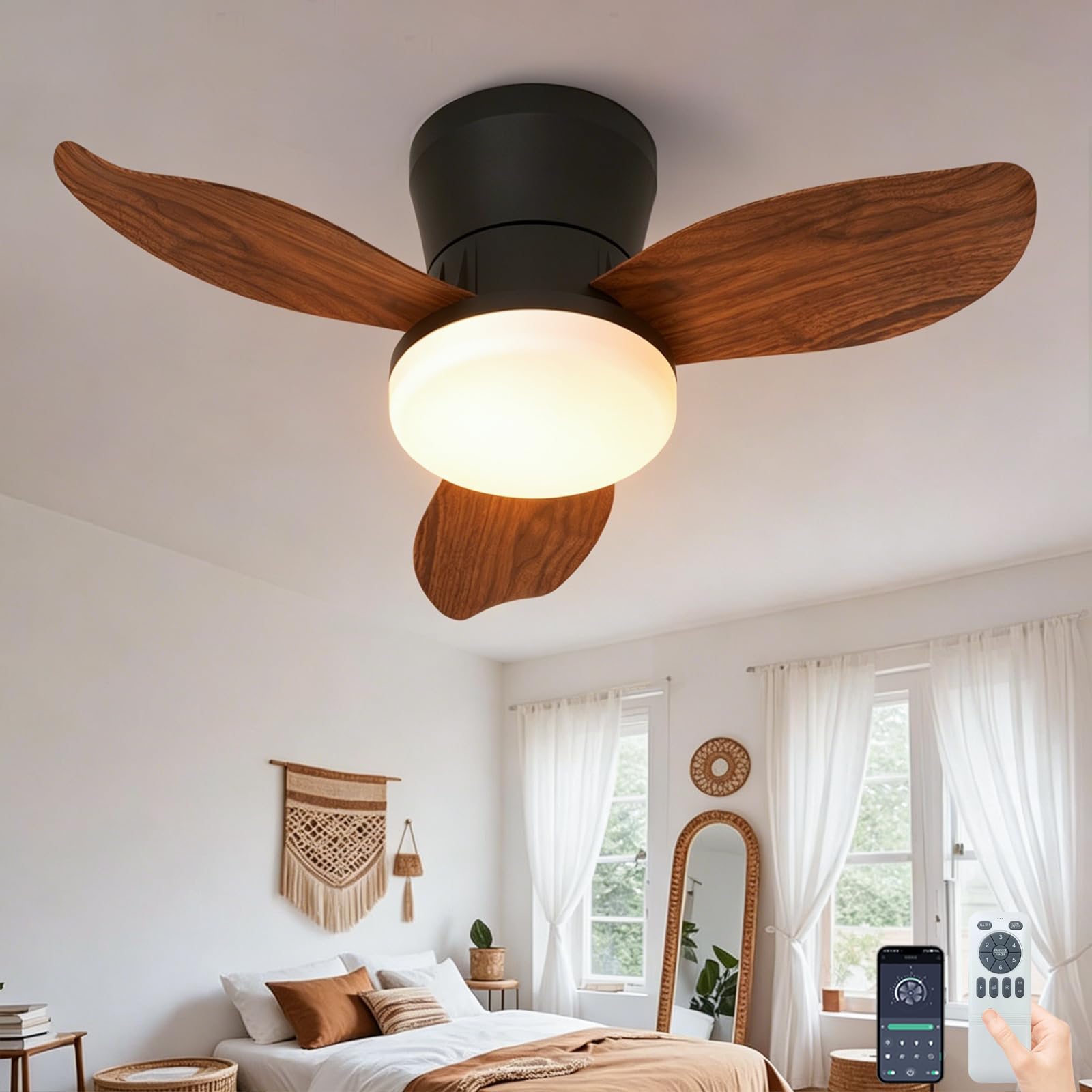 Fachae Imitation Wood Fan Light Ceiling for Bedroom Living Room Kitchen 25in,48W LED Dimmable Fan Lamp with Remote & APP,3000K-6000K,6 Speeds & Timers,Detachable Compact Ceiling Fan Light with Remote