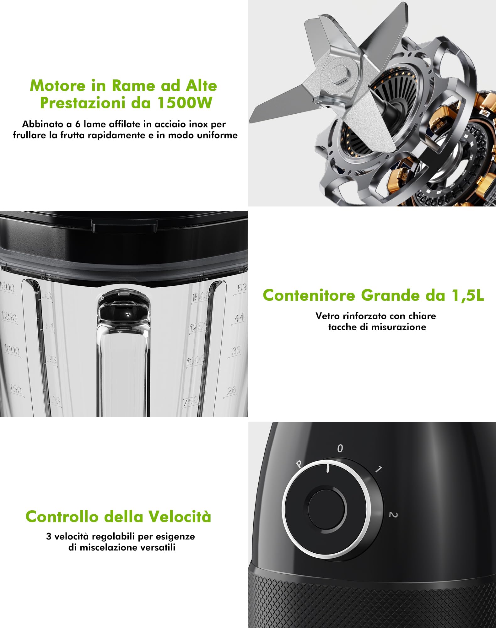 Frullatore, 1500W Elettrico Frullatore Smoothie con Caraffa in Vetro da 1,5L e Bottiglie Portatili 600ml, Velocità Regolabile, Lama in Acciaio Inox per Gelato, Frutta, Verdura