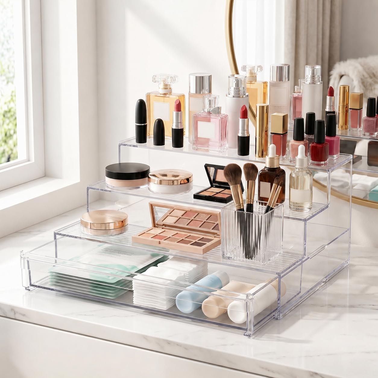 Organizzatore di profumo con cassetto, portaoggetti cosmetico trasparente a 3 livelli, espositore effetto acrilico per parrucchiere, trucchi, rossetto, laccato, skincare, bagno, cassettiera