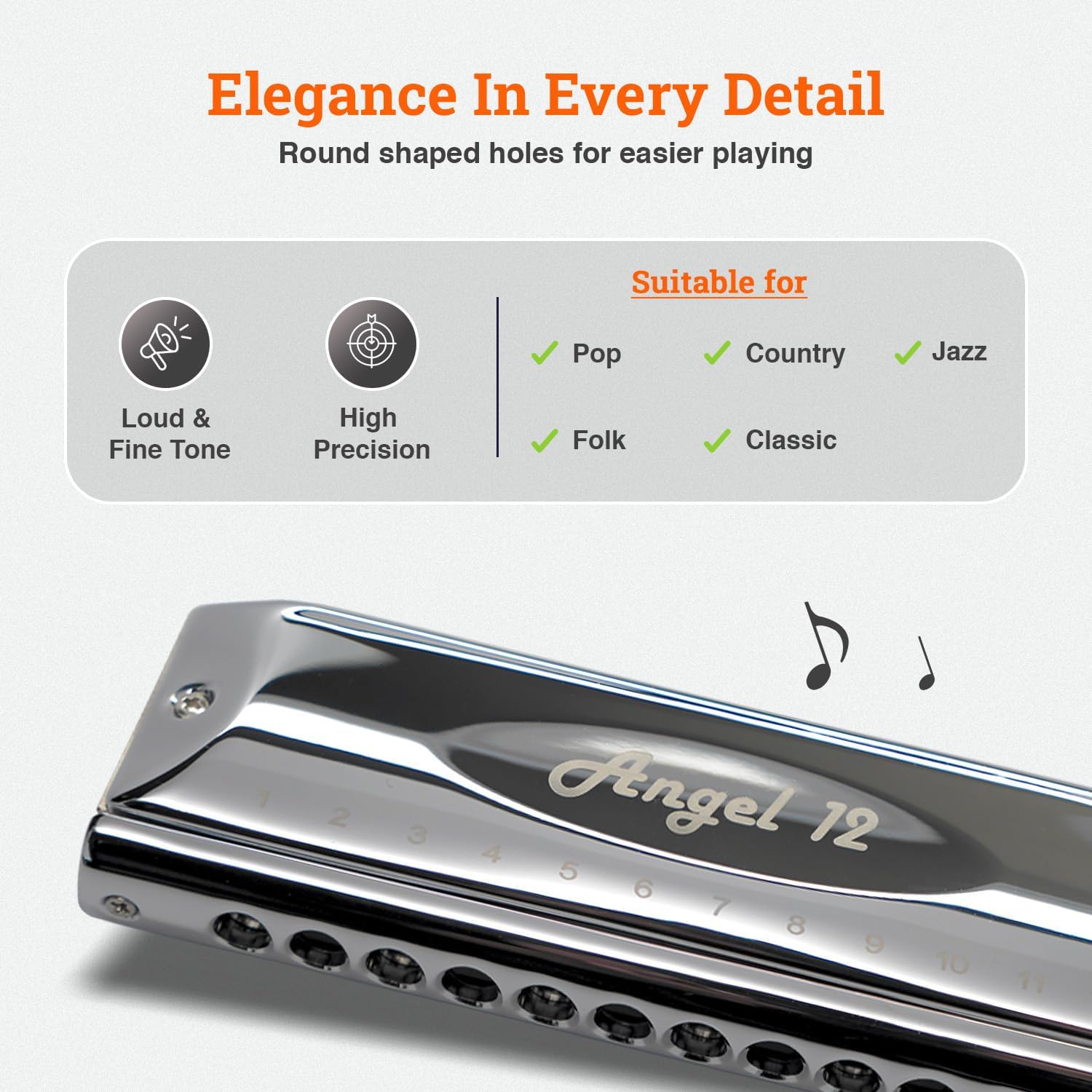 Harmo Angel 12 Chromatic Harmonica Key of C - 12 Hole Mouth Organ with Precision Slider, Phosphore Bronze Reeds, Suitable for All Genres - Harmonicas for Beginners to Professionals, Designed in USA