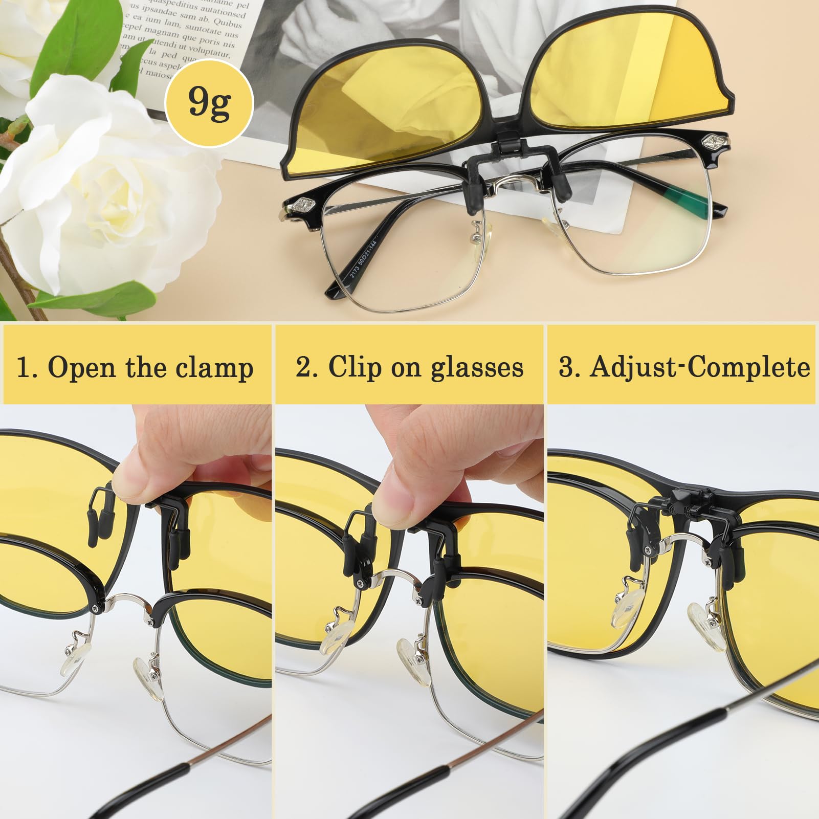 Kiiwah Okulary do jazdy nocnej z klipsem, polaryzacyjne okulary noktowizyjne Flip Up Yellow Crystal dla mężczyzn i kobiet skutecznie minimalizują odblaski reflektorów