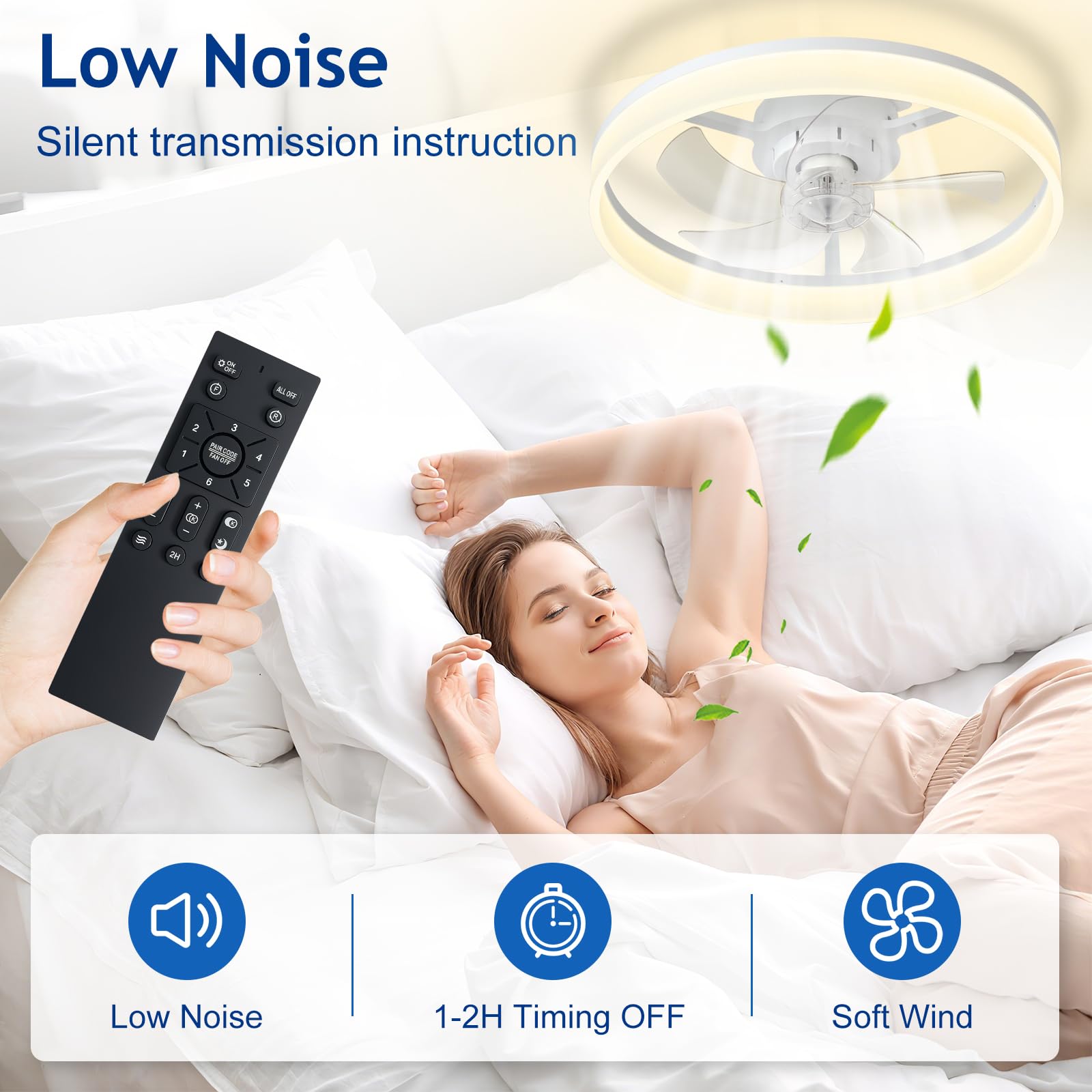 Depuley Ventilador de techo LED con luz: ventilador moderno de perfil bajo de 20" con mando a distancia para aplicaciones - Lámpara con ventilador blanco regulable sin aspas para dormitorio