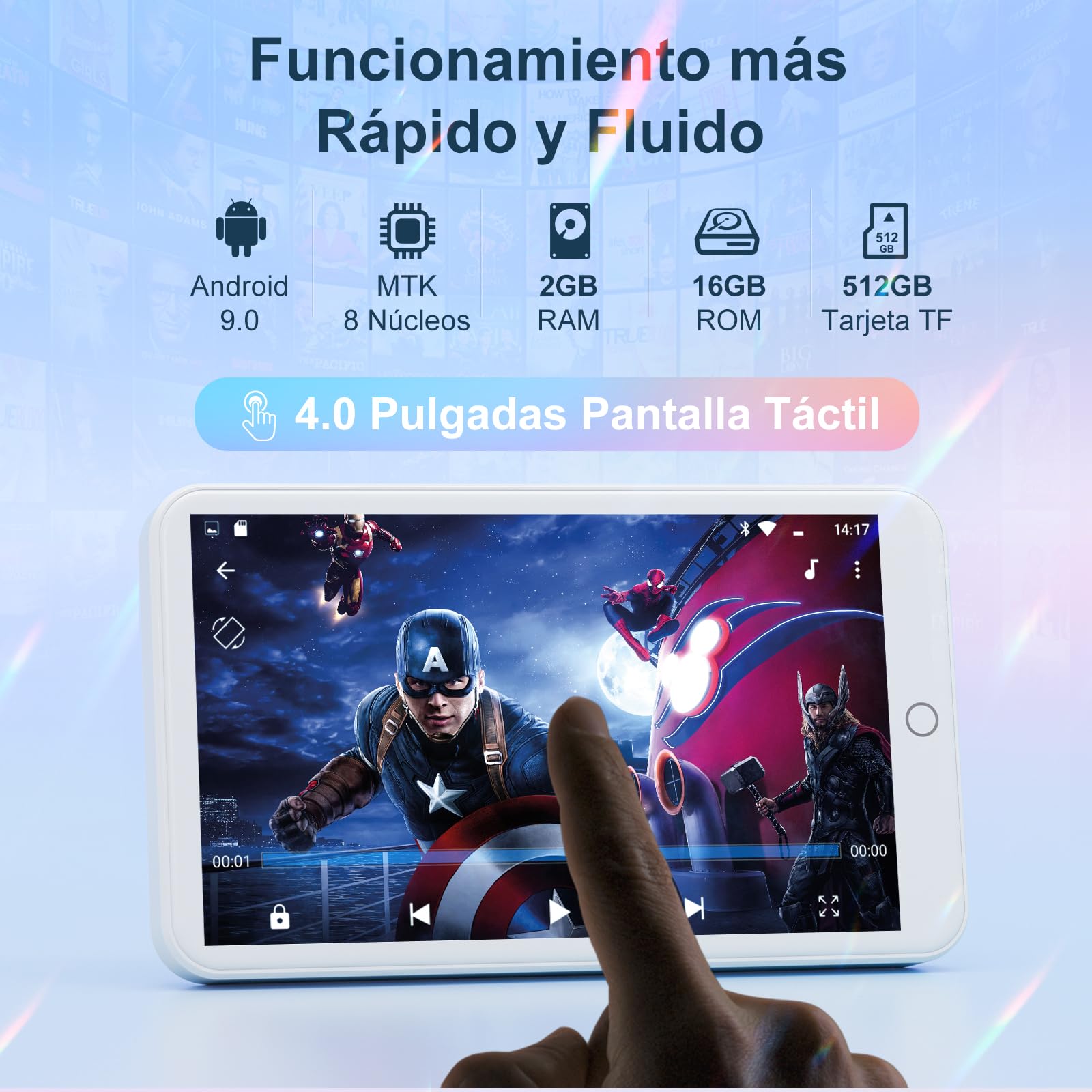 MECHEN Reproductor MP3 con Bluetooth y WiFi,4” Pantalla Android 9.0, Compatible con Amazon Musik, Deezer, Spotify y Audible para Niños, Incluye Radio FM y Grabadora, 512GB Ampliable (Blanco)