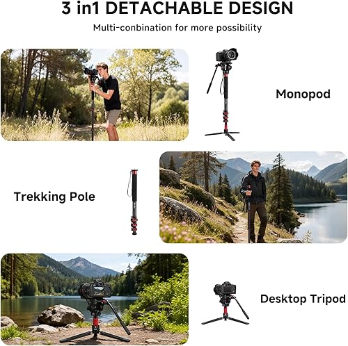 Miniatura 8 de Avella CD324 - Kit de monopie de video de fibra de carbono, con cabezal fluido y pies extraíbles, carga máxima de 71 pulgadas, 13.2 libras para