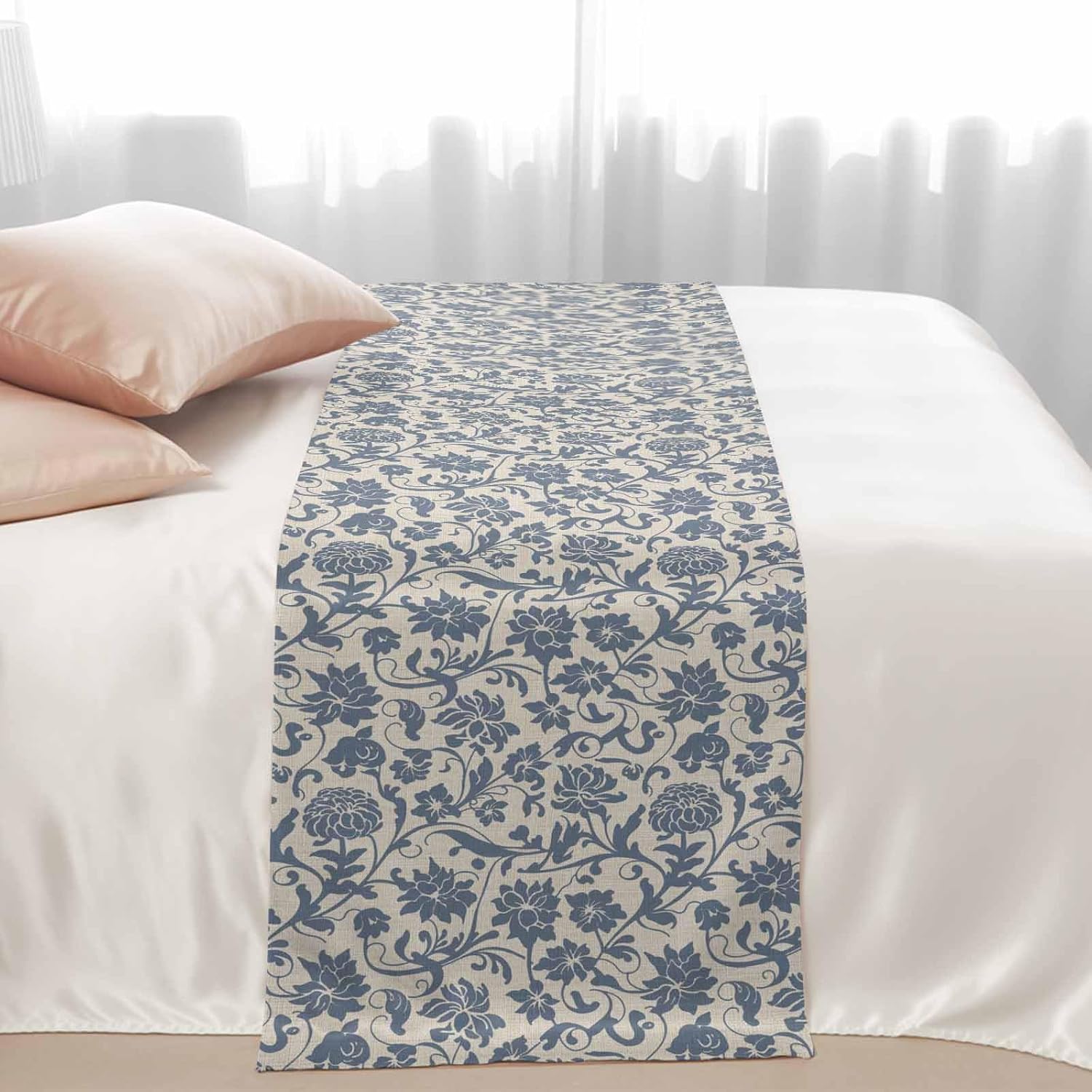 Blue Flower Leaf Bed Runner Scarf Bedding Accessory For Queen Size Bed,Soft Bed Scarves And Runners Stainproof Bedroom Decor For Hotel Wedding Room,Retro Traditional Boho Tribal Floral 94"x20"