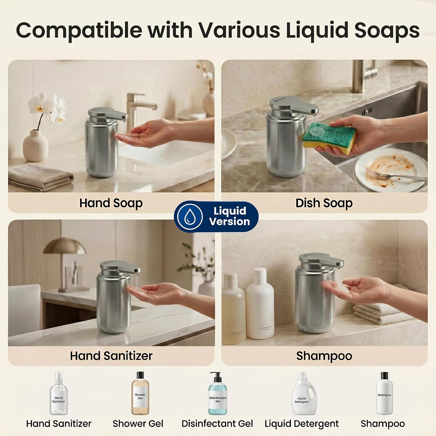 GentleJet WaveJet Automatic Liquid Soap Dispenser Touchless Sensor, USB-C Rechargeable, 304 Stainless Steel, IPX5 Waterproof for Bathroom Kitchen Sink, 10 oz / 300 ml image 5
