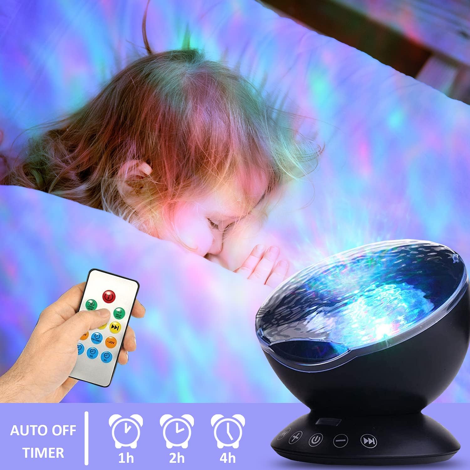iAVO Remote Control Ocean Wave LED Projector Night Light with 7 Colorful Light Mode and Built-in Music Player Black