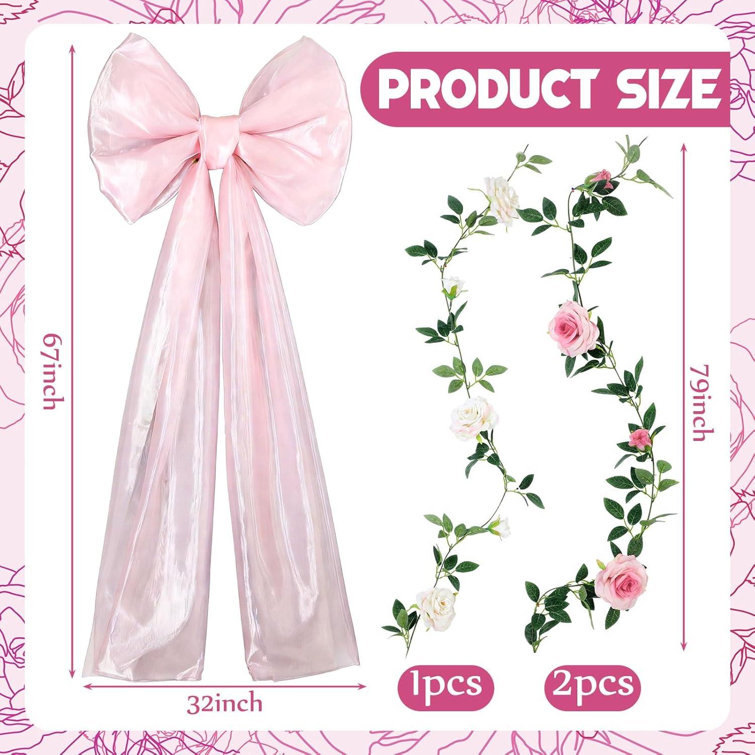 BreezeHug Wedding Giant Bow Decor Big Bow with Long Ribbons Room Wall Seasonal Decor for Wedding Backdrop Bridal Shower Arch Wall Baby Shower Birthday Party Home(32 x 20 x 67inches,Pink)