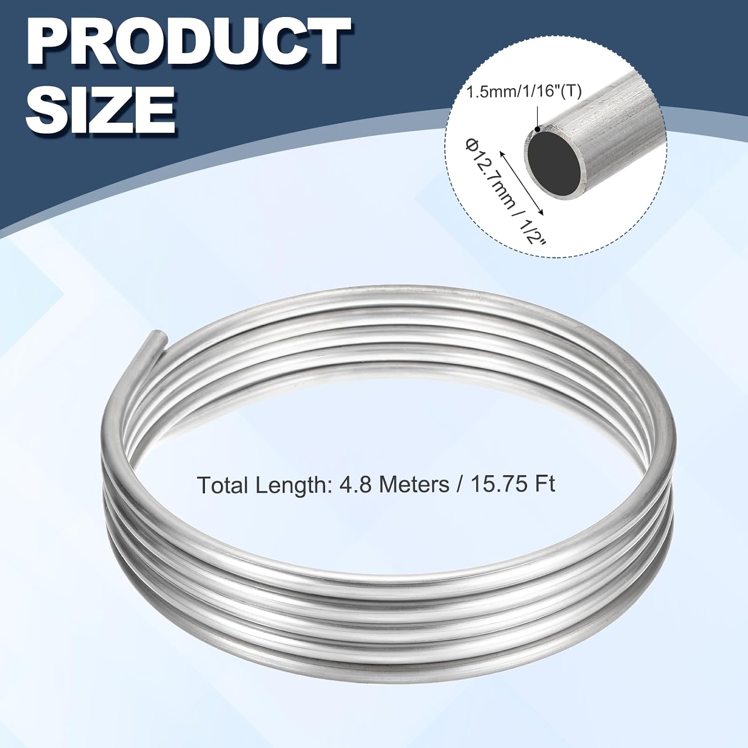 uxcell Stainless Steel Tubing Coil, 1/16" Wall Thickness 1/2" OD x 15.75 ft Industrial 304 Stainless Steel Coil Tube, Flexible Welded Steel Tubing Round Metal Pipe, Silver Tone