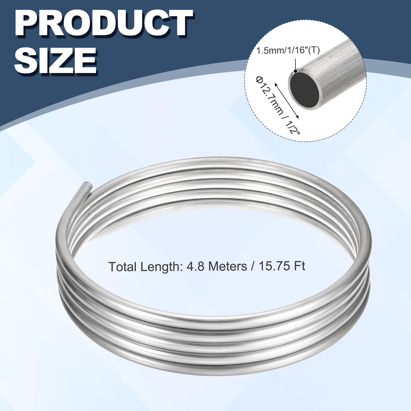 sourcing map Bobina per tubi in acciaio inossidabile, spessore della parete 1/16" OD x 4,8 m tubo industriale in acciaio inossidabile 304, tubo metallico rotondo saldato flessibile, tono argento