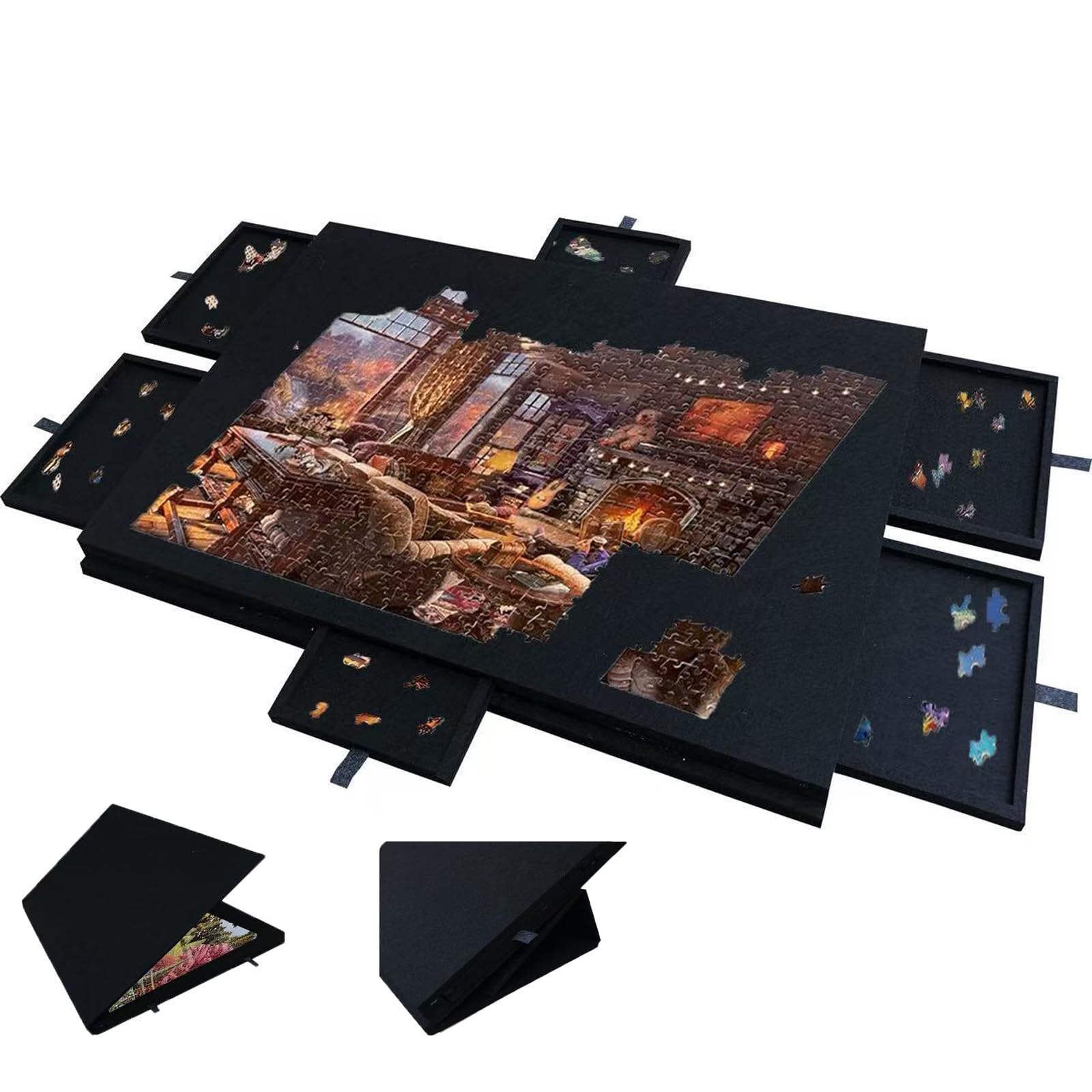 Uchylna plansza do układania puzzli z regulowaną osłoną stojaka, lekka filcowa plansza do układania puzzli z 6 kolorowymi szufladami, 1000–1500 elementów do stołu do gier Dorośli Pr Black 90*63*4.2cm