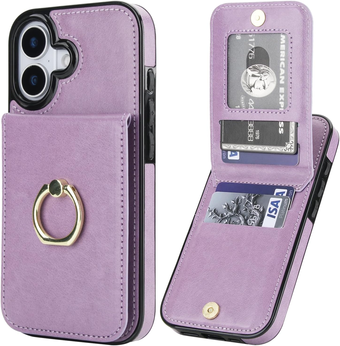 KIHUWEY for iPhone 17 Case Wallet with Credit Card Holder, 360° Rotation Ring PU Leather Magnetic Clasp Kickstand Heavy Duty Protective Cover for Women and Men 6.3 Inch (Purple)