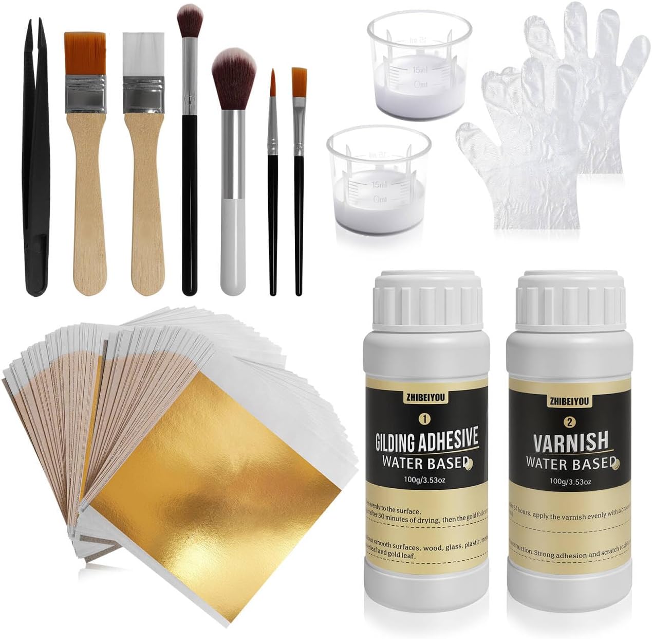 Gold Leaf Gilding Adhesive Kit, Gold Leaf Sheets 100 pcs, 3.53oz Water Based Glue and Varnish, 6 Brushes, for Furniture, Craft, Painting and Arts, All-in-One Gold Foil Set