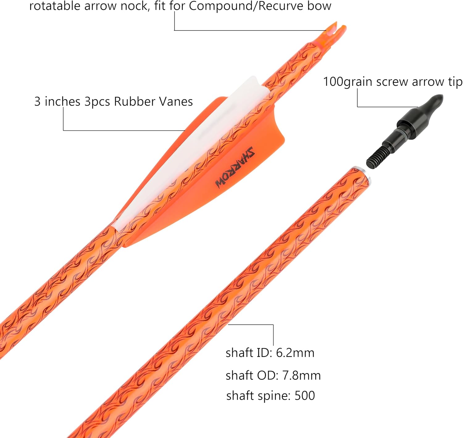 wolfman 30 Inch Archery Carbon Arrow Practice Hunting Arrows Spine 500 with Removable Tips Targeting Arrows for Compound & Recurve & Long Bow 6/12pcs