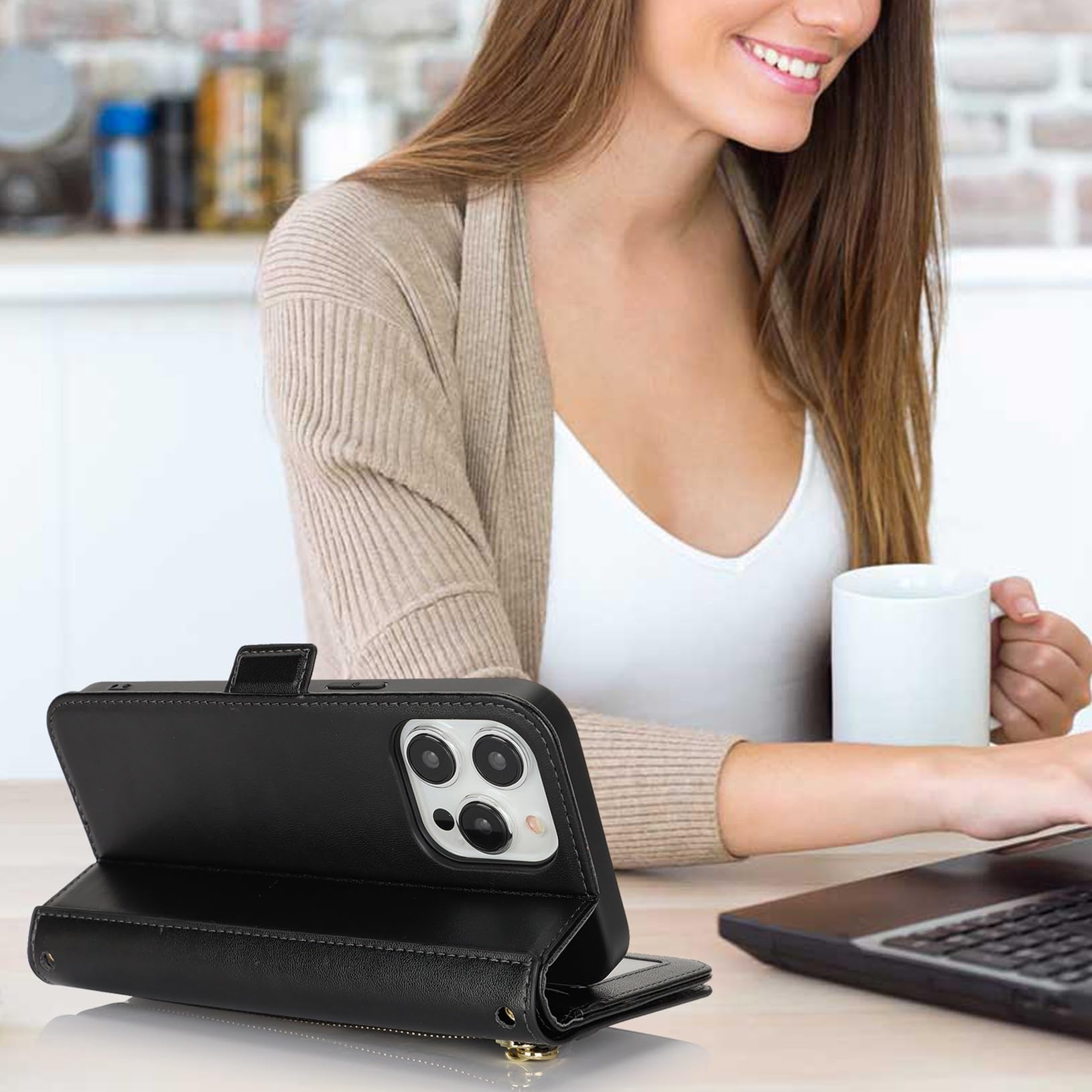 HAONANDE Magnetica Cover Per iPhone 15, Custodia Pelle PU Flip Compatibile con MagSafe, slot per carte, blocco RFID, Pportafoglio Protettiva Antiurto Trasparente Case Nero