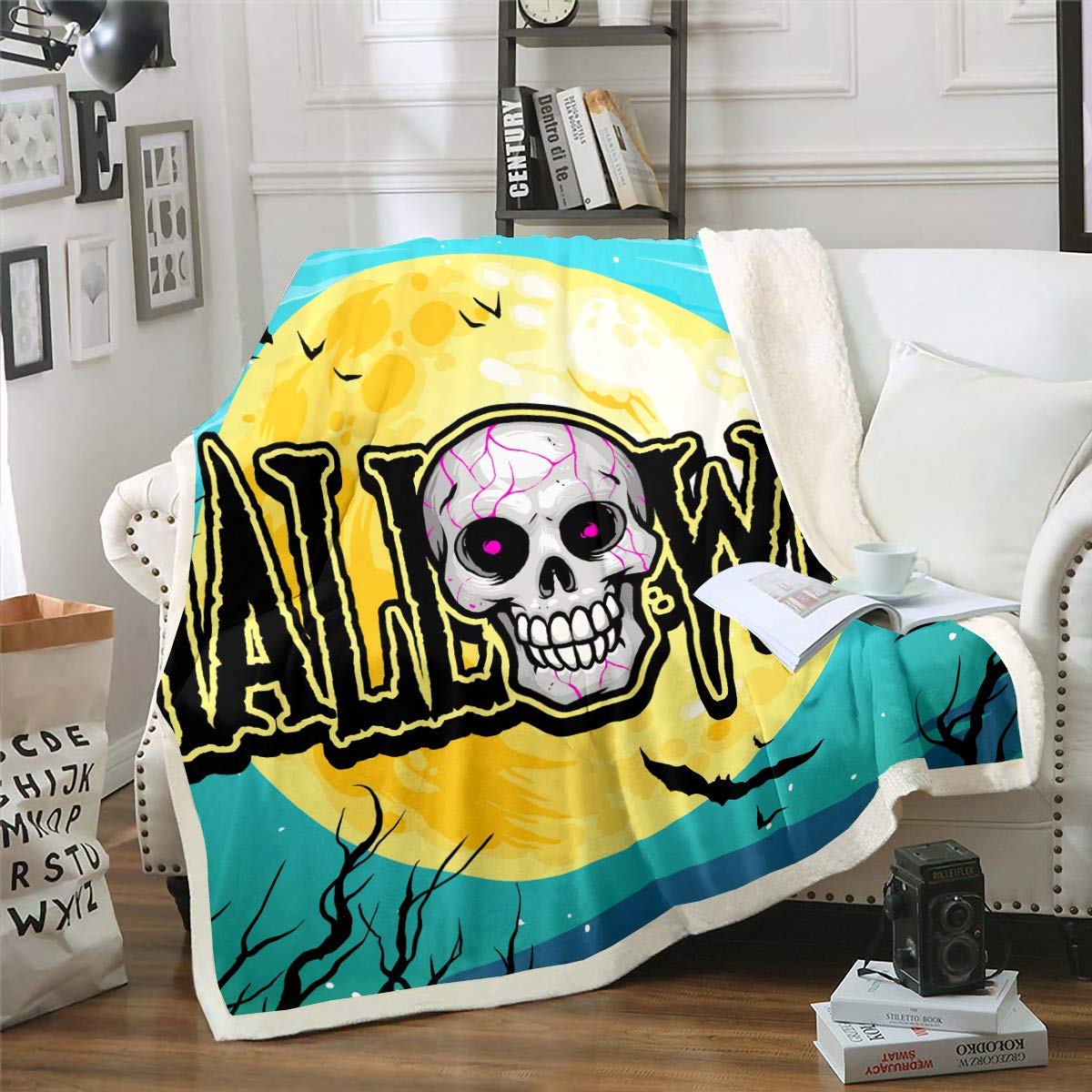 Happy Coperta in microfibra, 127 x 152 cm, dipinta a mano, con teschio, rosa, stile vintage, calda, accogliente, leggera, per divano, letto, campeggio, picnic