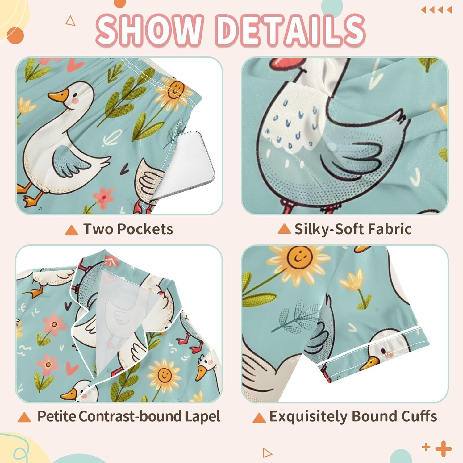 Kids Casual Satin Wear Set Hand Drawn Spring Pattern with Cute Cartoon Goose Unisex Short Sleeve Clothing for Relaxing