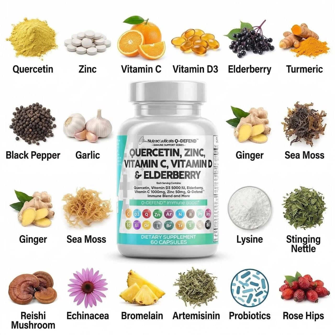 Q Defend Quercetin Supplement with Zinc Vitamin C Vitamin D Elderberry Turmeric Black Pepper Garlic Ginger Sea Moss Lysine Stinging Nettle Reishi Mushroom Immune Support 60 Capsules — Amazon image 4