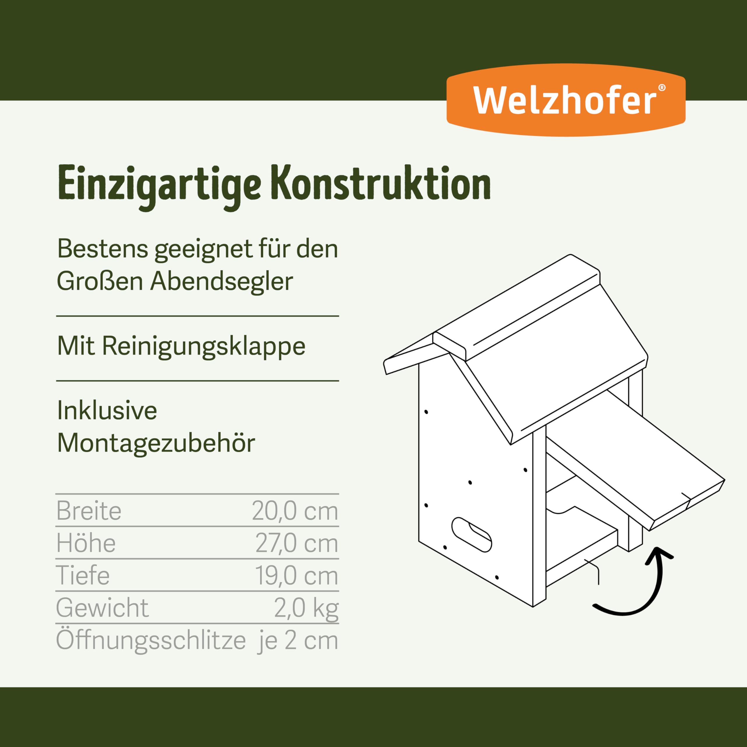 Fledermaus-Höhlenkasten Jessi, Fledermaushaus geeignet für den großen Abendsegler, Fledermauskasten mit Stabiler Verarbeitung, inklusive Befestigungsmaterial, handgemacht in Europa