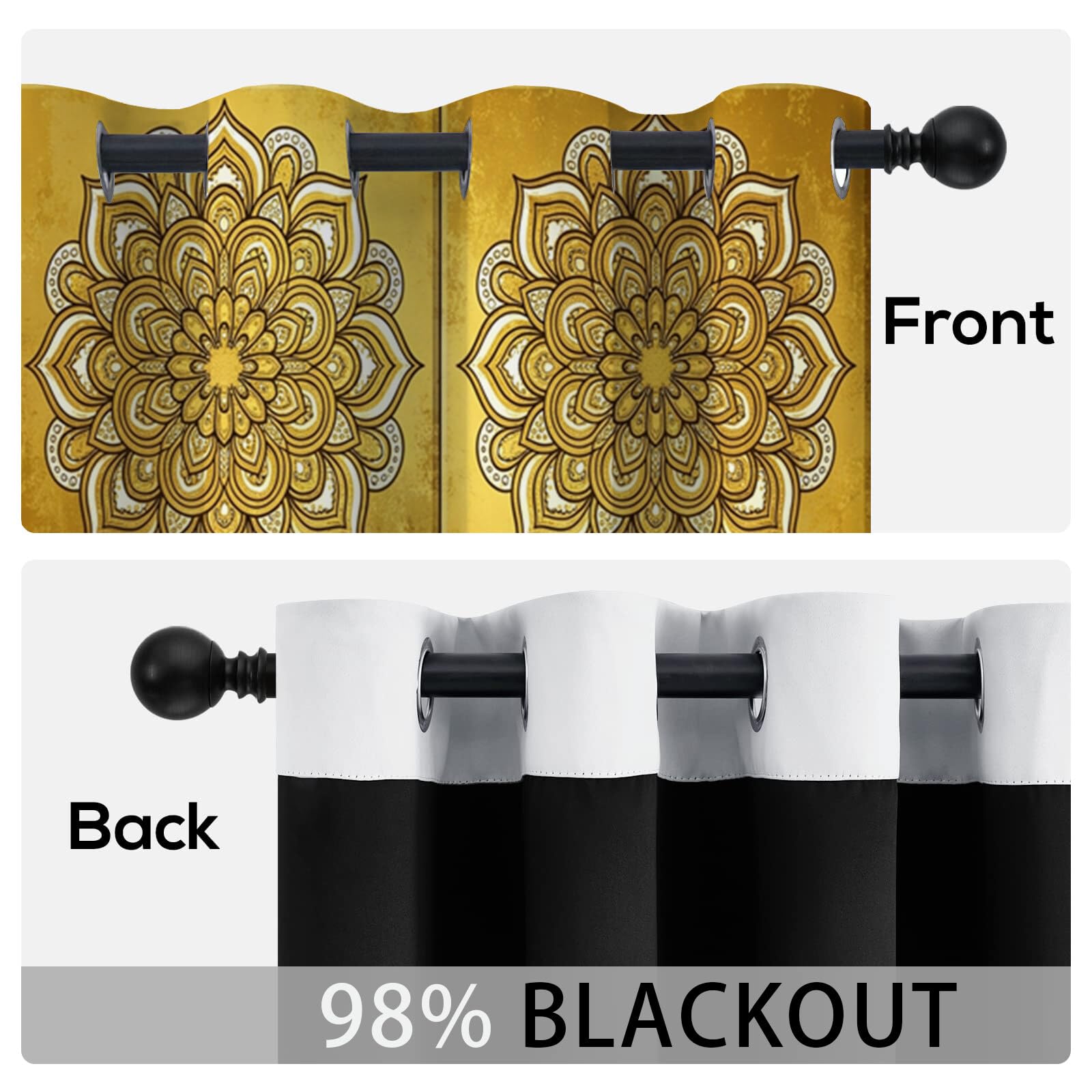 Rideau Occultant Obscurcissant, Mandala Rectangle Géométrie De Luxe 2 Panneaux À Oeillets, Anti Froid Chaleur Bruit, Décoration Salon Chambre