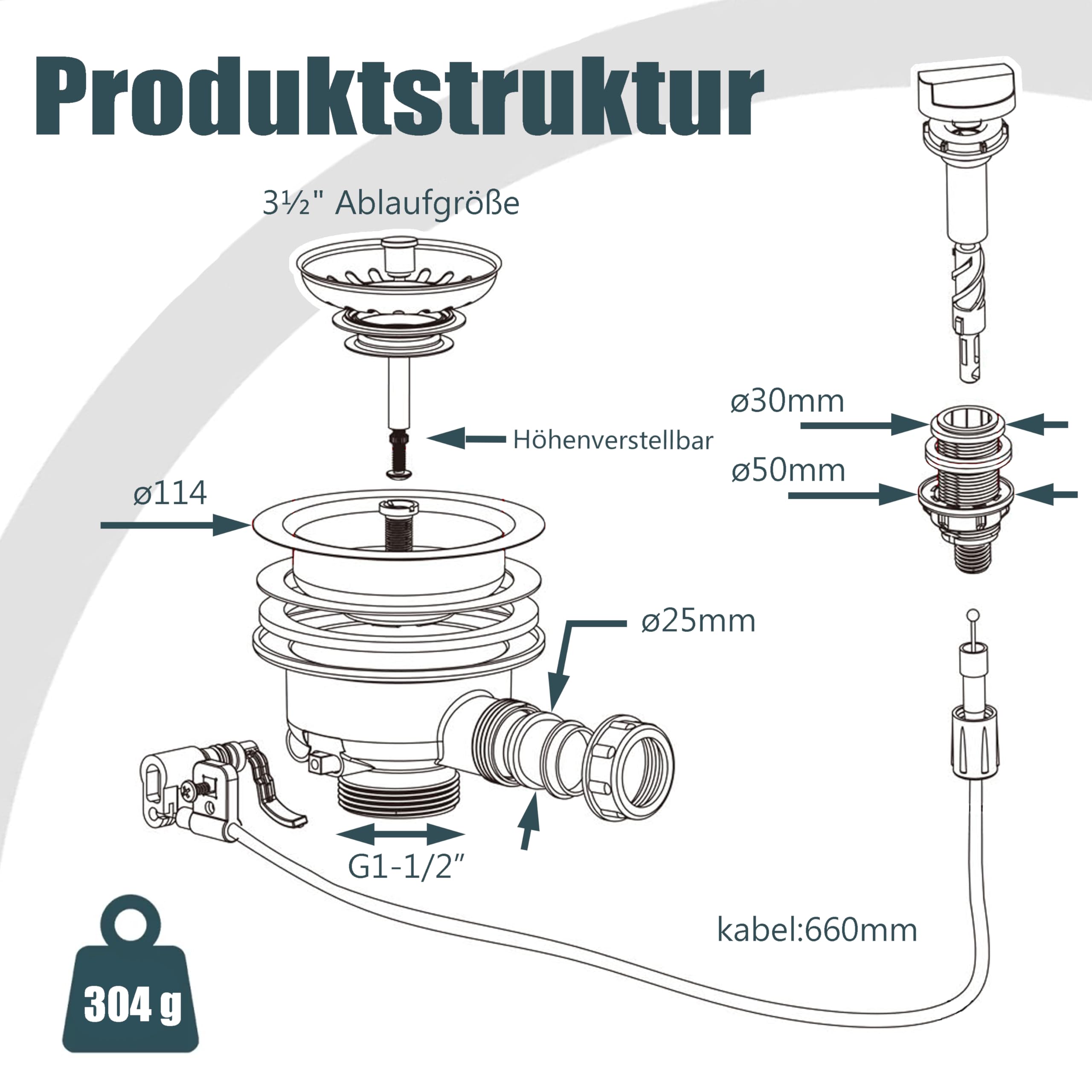 Gekufa Bonde d'écoulement pour évier Ø 114 mm | Panier à tamis excentré à corde pour évier standard, pas pour dimensions spéciales