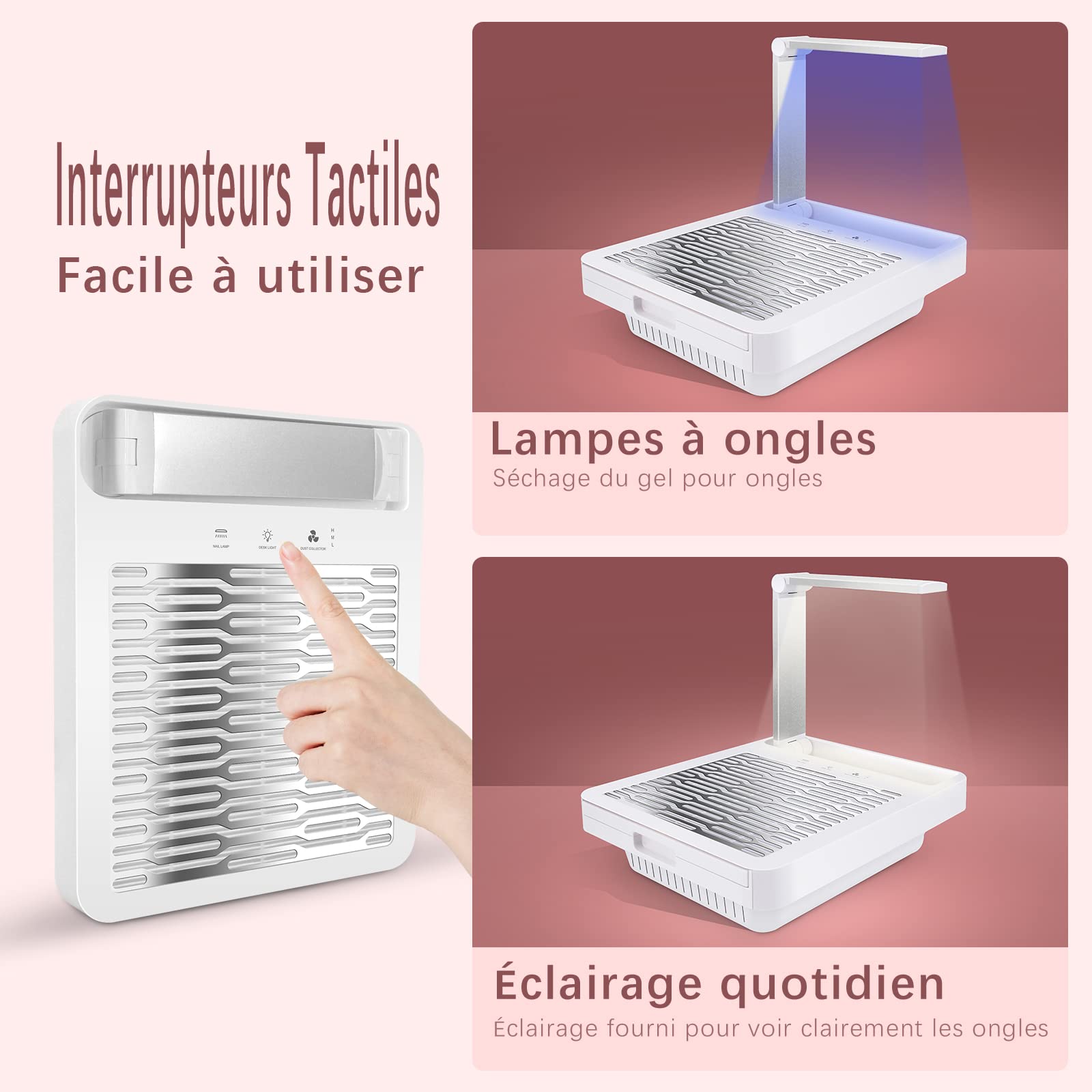Aspirateur Ongle avec Séchoir à Ongles et Lampe de Bureau, Aspiration Réglable, Professionnelle Onglerie Aspirateur Collecteur de Poussière Ventilateur avec Filtre Remplaçable, NDC6