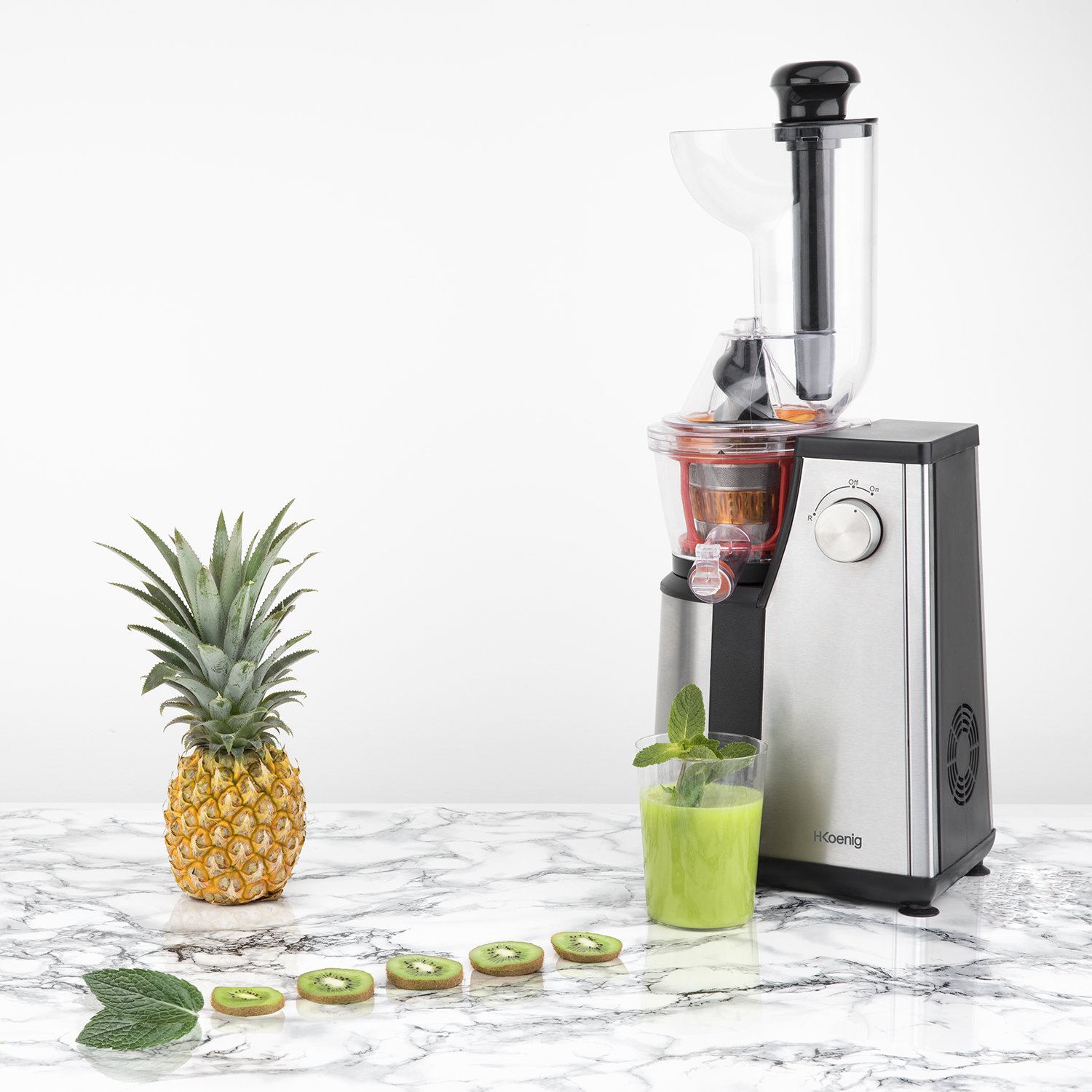 H.Koenig GSX18 Estrattore di succo verticale per frutta e verdura Senza BPA - Slow juicer - Ampia bocca di ingresso - Pressione delicata a 60 giri - Sistema inverso - Motore silenzioso - 400 W