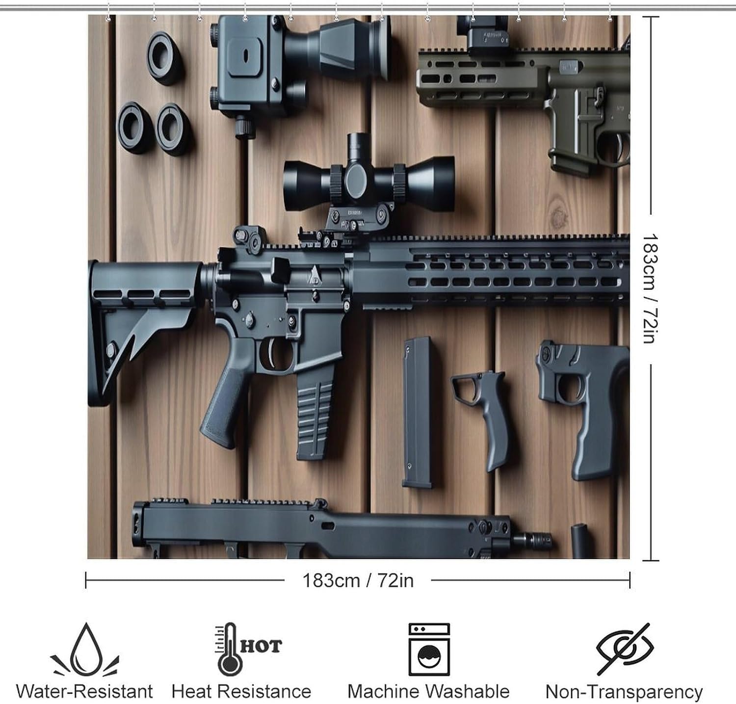 4 Piece Gun Shower Curtain Set with Non-Slip Rugs,Toilet Lid Cover, Bath Mat Bathroom Decor Set Accessories with 12 Hooks, 72 X 72 Inch image 2