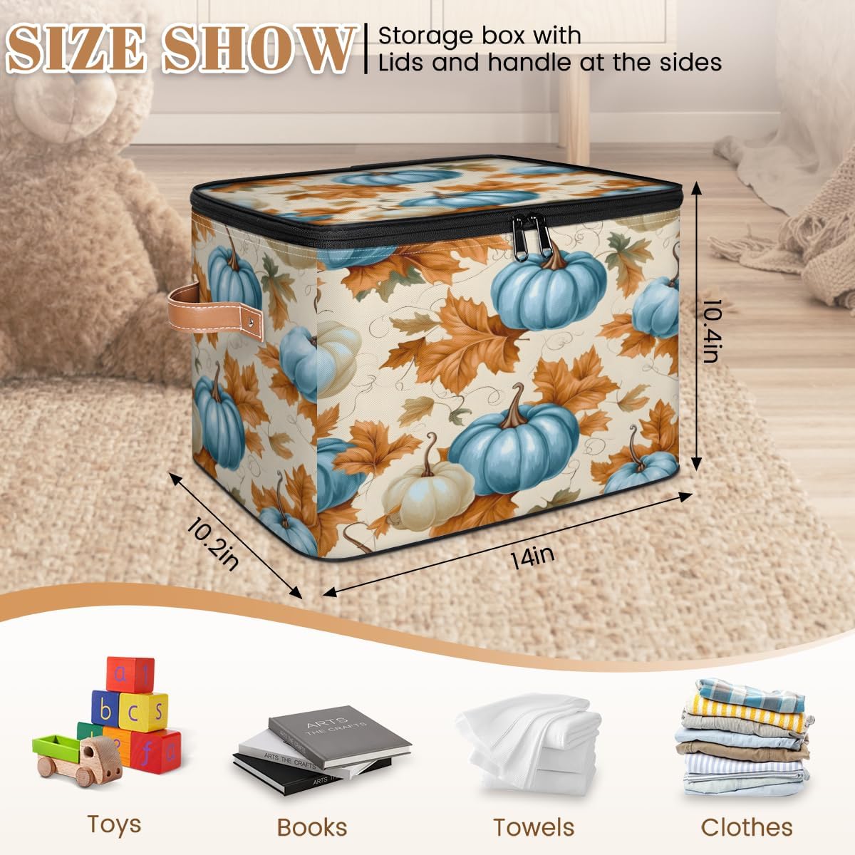 Storage Bin Set of 2 Pumpkin Leaves Storage Basket with Zipper Lid & Handle Foldable Closet Shelf 2 Pack Cloth Organizer Basket Cube Bins Clothes Organizer for Bedroom, Nursery