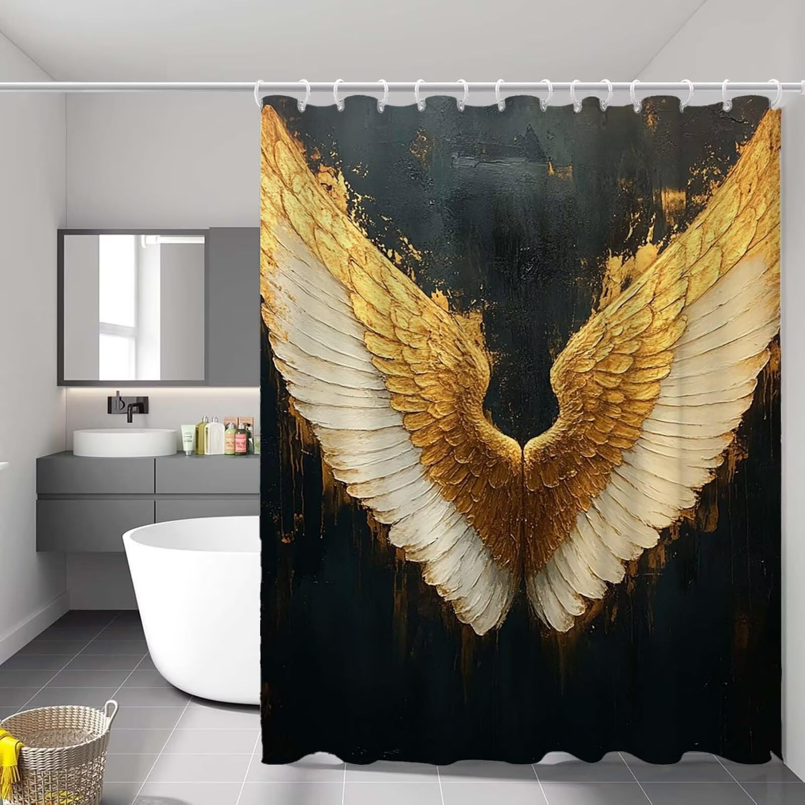 Rideau de douche 90x180 cm or en tissu polyester lavable avec crochets