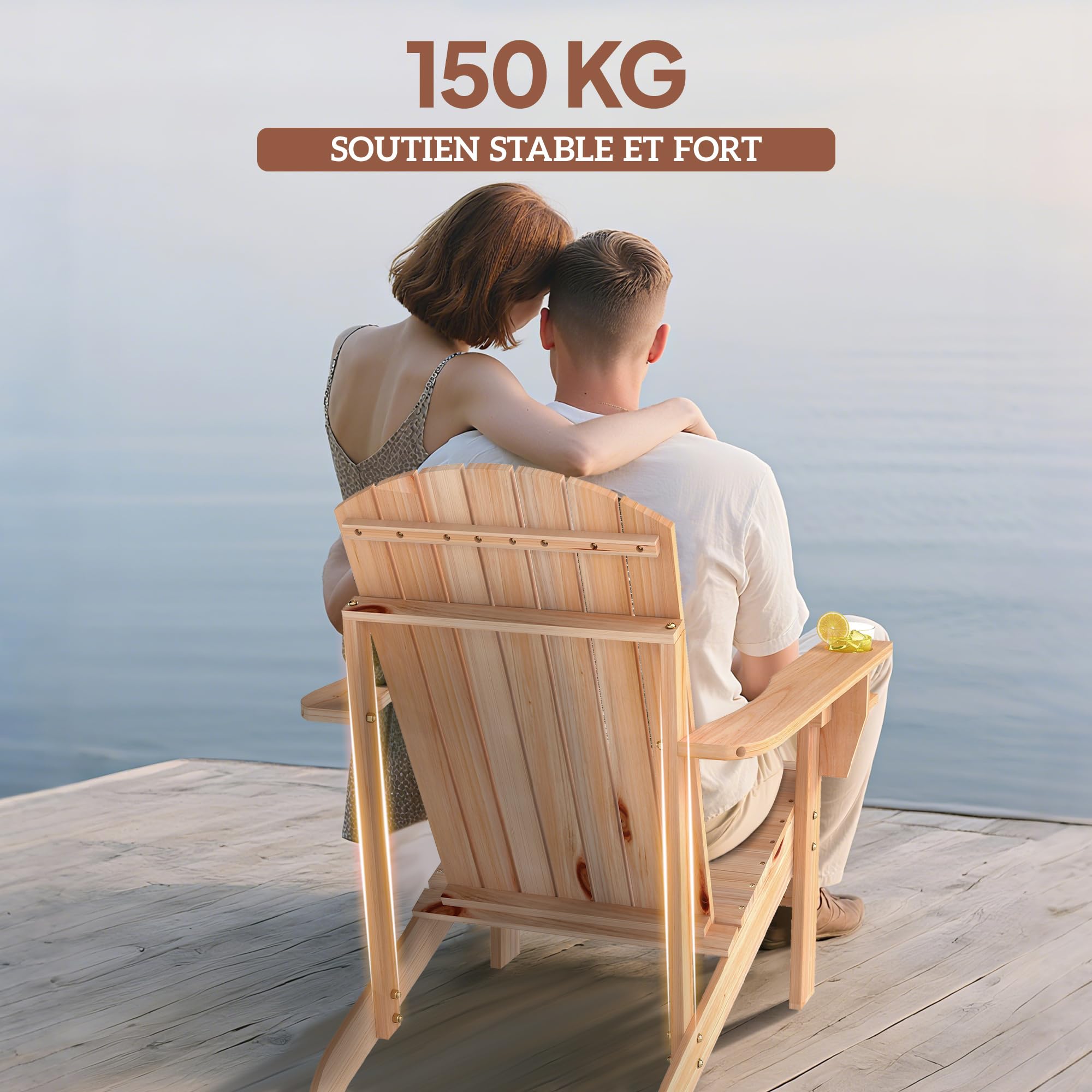 Outsunny Fauteuil de Jardin Adirondack Grand Confort Porte-gobelet intégré Bois de Sapin traité Peint Bois Naturel