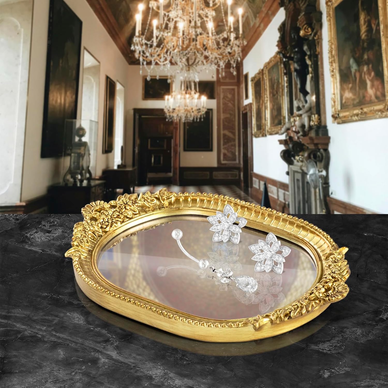 GUOER Vintage Antique Decorative Bathroom Vanity Tray Decor Mirror Tray for Dessert Table Coffee Table Vanity Home Decor Serving Tray with Handle Gold - Image 7