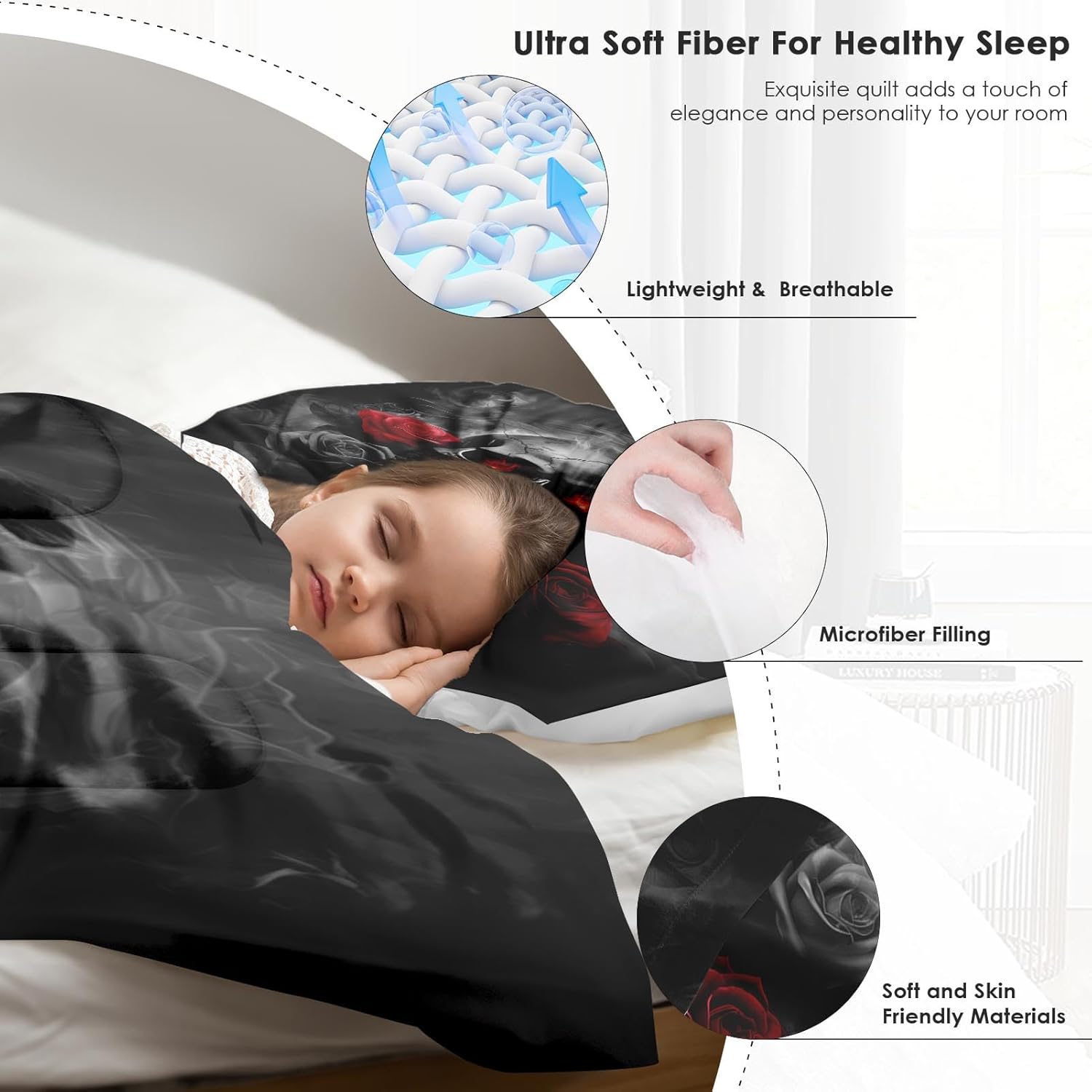 Skull Comforter Set Queen Size, Red Rose Flame 3 Pcs Soft Bedding for Adults, Comforter Set with 2 Pillowcases, for Bedroom Bed Decor - Image 5