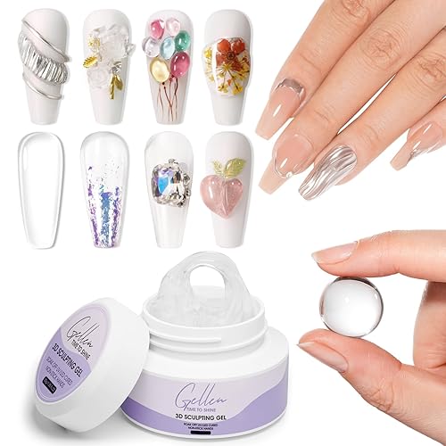Gellen Arte de uñas en gel 3D, gel de moldeo para uñas, 1.06 oz (30 g), gel para esculpir 3D, no pegajoso, para uñas, gel duro transparente para