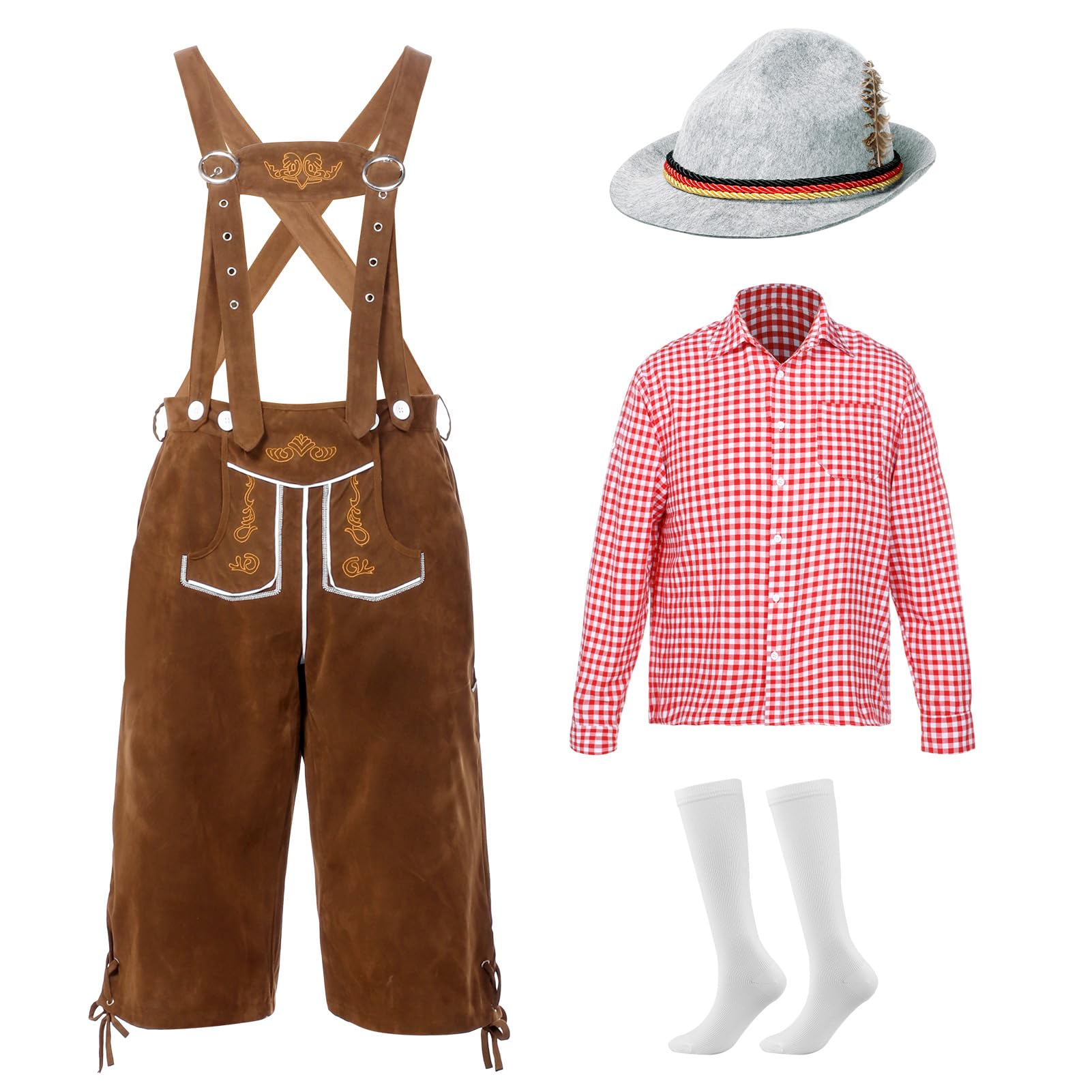 Herren Trachten Set, Oktoberfest Kostüm Set, Trachtenset Herren Komplett mit Trägern + Trachten Hemd Bayerische Oktoberfest (Hose + Hemd)