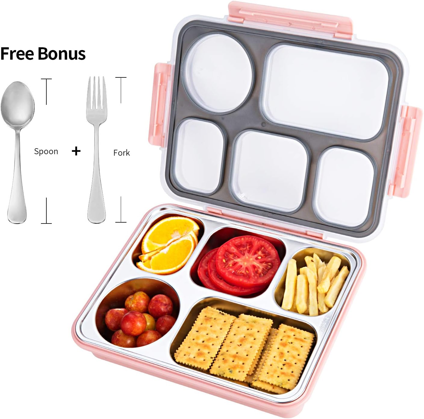 Large Stainless Steel Food Box - Leak Proof Bento Lunch Containers - 5 Sections for Snacks on The Go - Dishwasher Safe, Eco-Friendly, BPA-Free(Large-Nordic Pink)