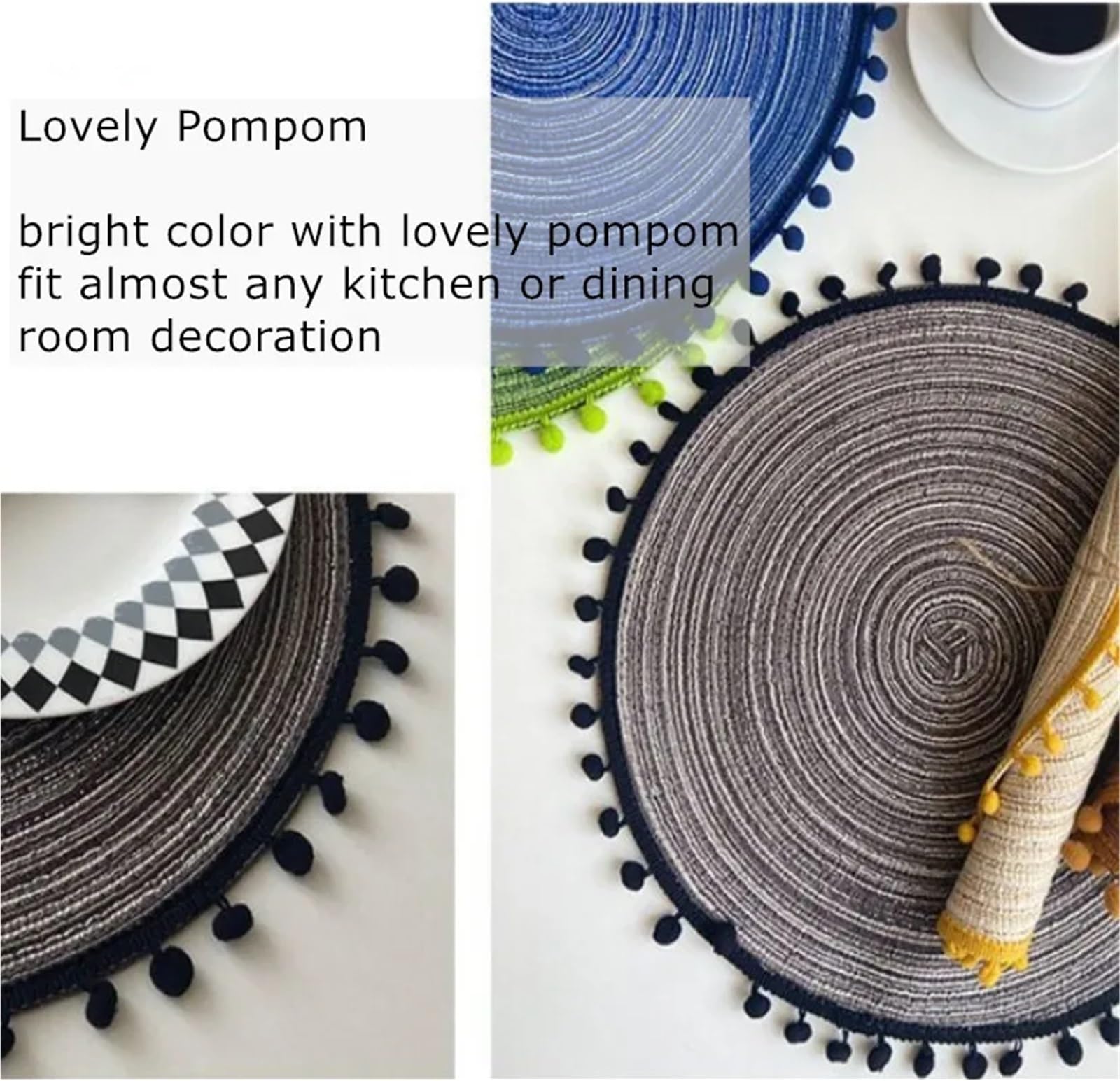 Tejido Salvamanteles Manteles Individuales Redondos Trenzados con pompón for mesas de Comedor, tapetes Tejidos, Almohadillas for café, Accesorios Cocina, 1/6 Uds