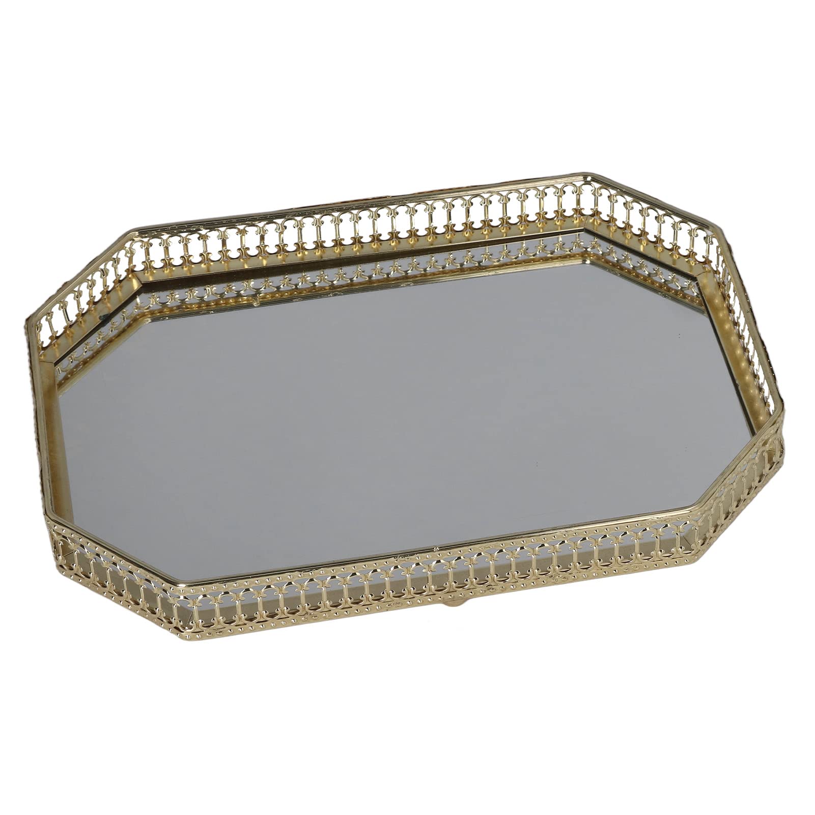 Bandeja decorativa de metal y vidrio con base reflectante para organizar cosmeticos