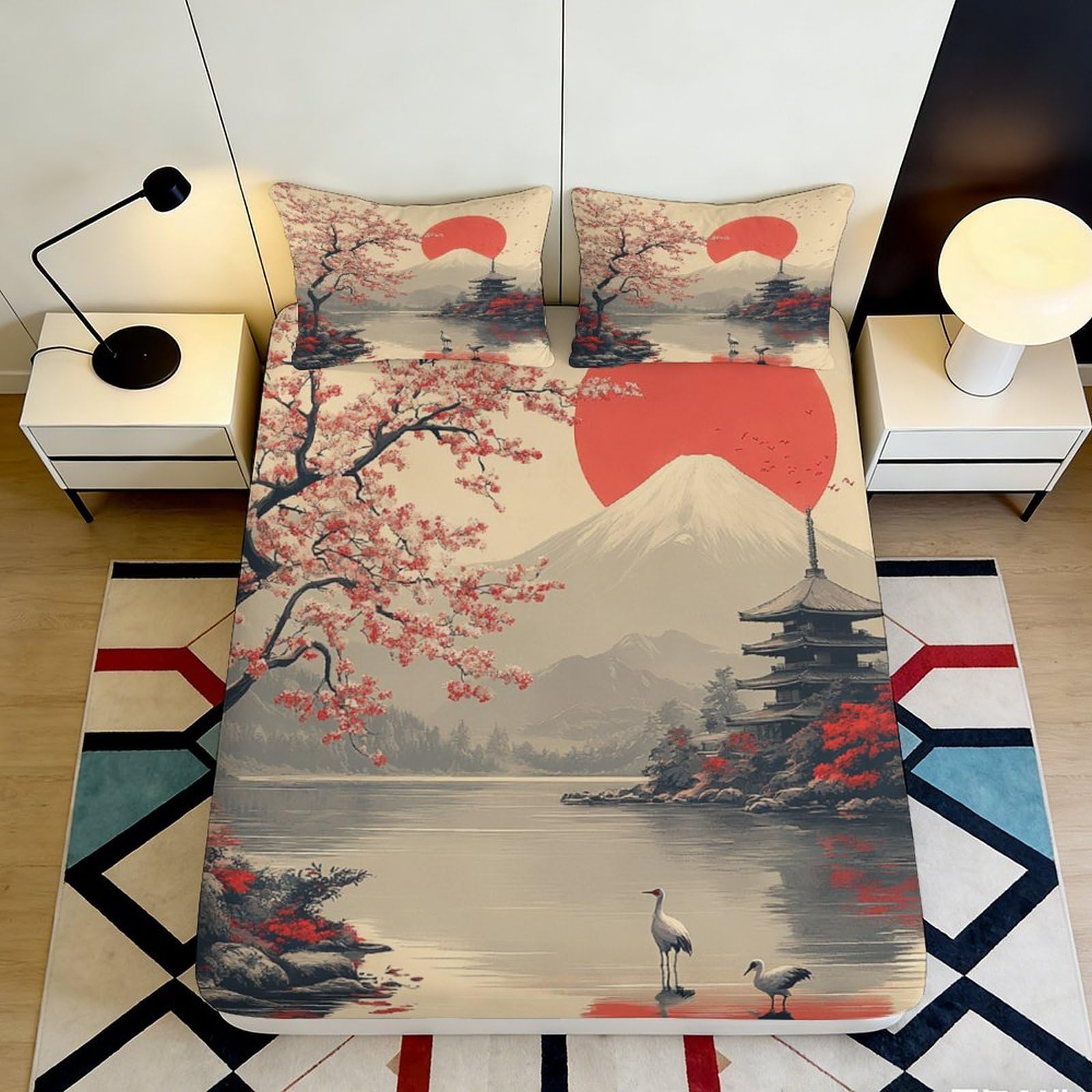 3D Printed Japanese Sakura Lake Fitted Sheet Microfiber Soft Pagoda Sunset Mattress Cover Bedroom Decor 90x200x25cm
