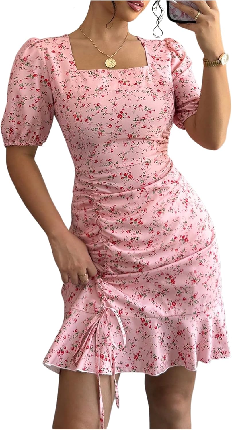 Floral square neck short sleeve boho dress for women