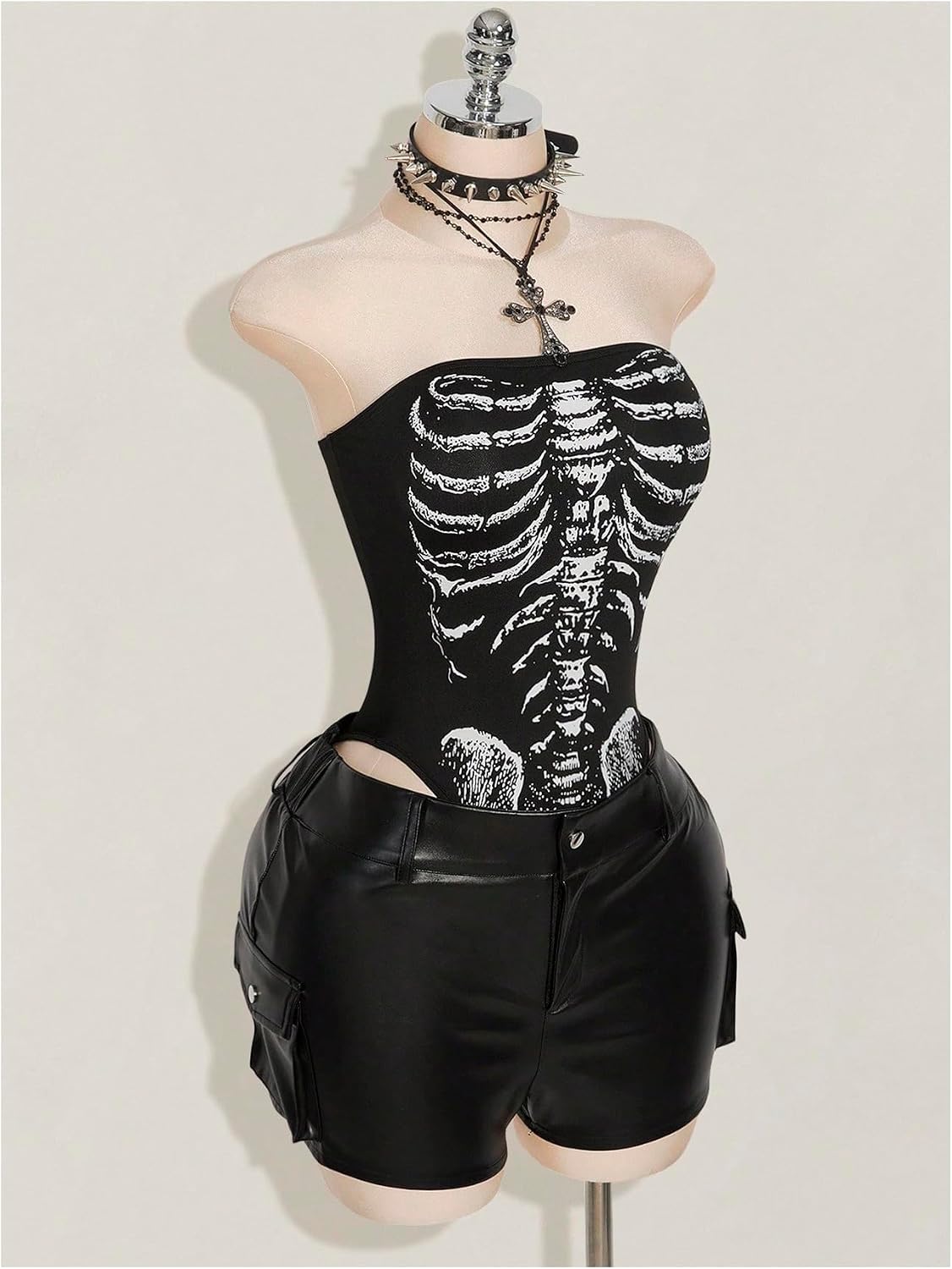 Floerns Women's Gothic Strapless Tube Top Bodysuit Skeleton Rave Outfit Body Suit Leotard