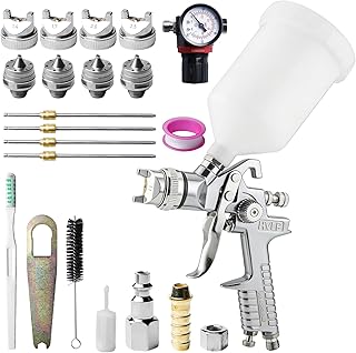 HVLP Lackierpistole Spritzpistole mit 4 Düse 1,4mm 1,7mm 2,0mm 2,5mm, Profi Farbsprühsystem Spraypistole Lackierpistole Druckluft Farbspritzpistole mit 600ml Plastikbecher & Druckmessgeräte