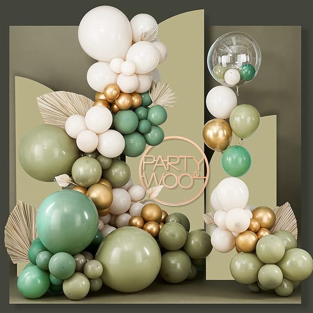 PartyWoo 140 pcs Olive Green Balloon Arch Kit, Sage Green Balloon Garland Kit with Cream White Metallic Gold Retro Green Clear Balloons Arch Kit for Birthday, Baby Shower, Wedding Decorations